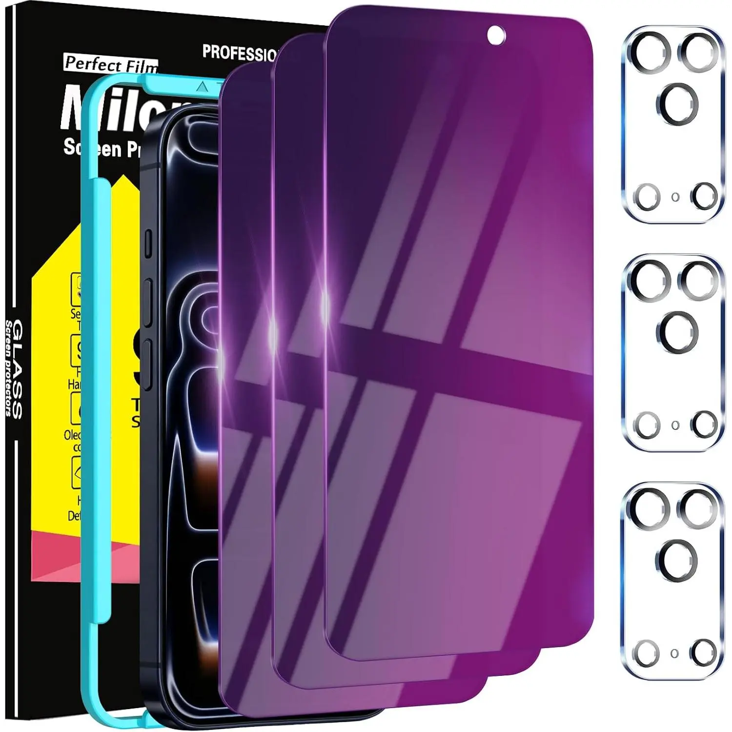 3 Pack Gradient Colorful Tempered Glass Screen Protectors for 17 Pro - Anti-Blue Light, Anti-Spy, Case Friendly, Covers Screen, Includes 3 Pack Camera Lens Protectors, Synthetic Glass Accessories with Installation Compatibility
