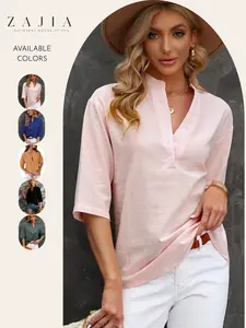 Women’s Lightweight Linen Blouse, Casual Boho V Neck Half Sleeve Shirt, Button Front, Loose Fit Tunic Top for Vacation, Beach, Travel, Work, Everyday Wear, Aesthetic