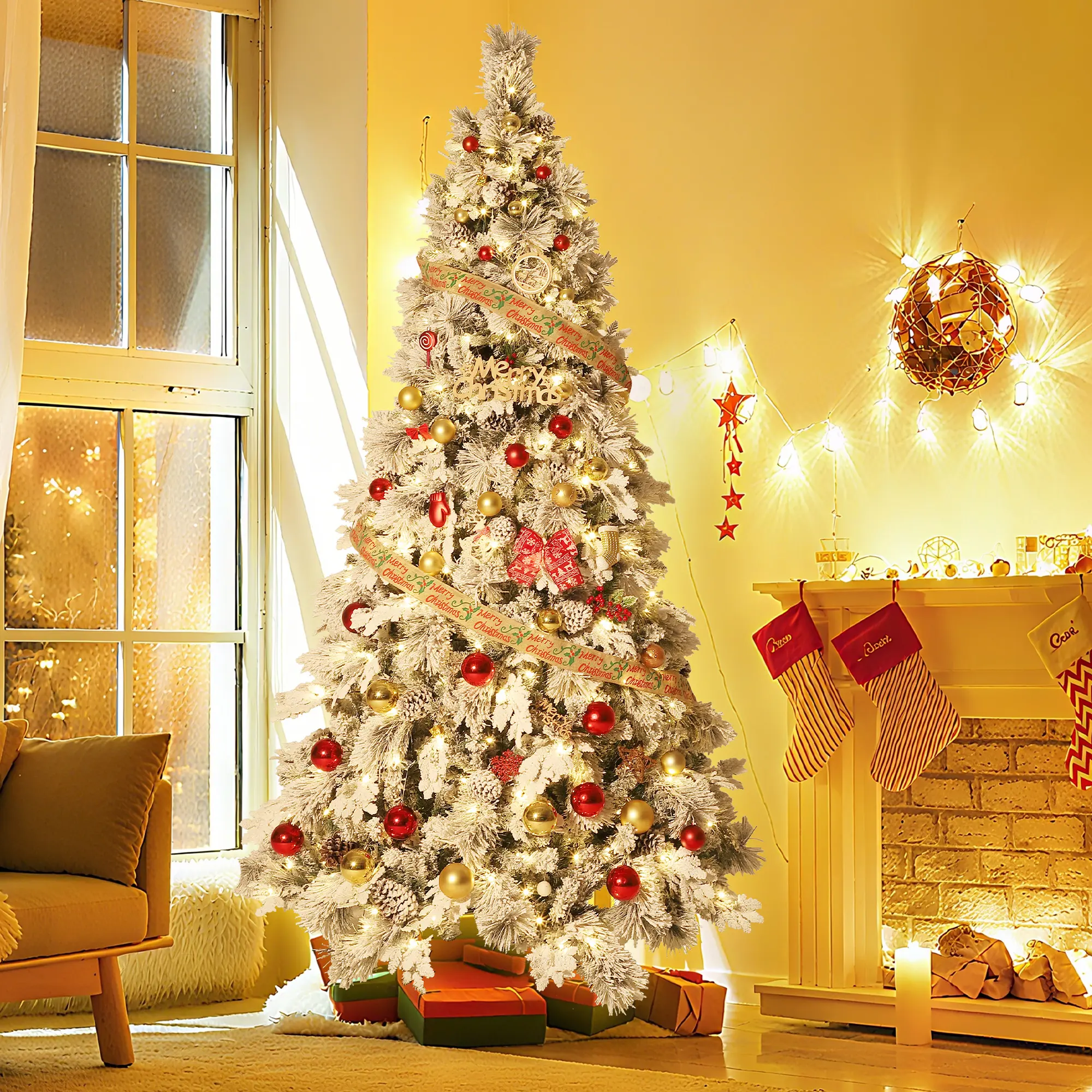 Prelit Snow Flocked Fraser Fir Artificial Christmas Tree – 800 Dense Pointers, Pine Cones, Warm White Lights, Metal Stand, Holiday Decor, 7FT