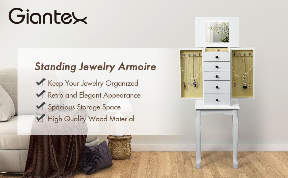 Karl home Jewelry Cabinet Armoire Chest with 4 Drawers, Flip Top Mirror, Top Storage Compartments, 2 Side Doors with 8 Necklace Hooks, 2 Shelves, White Standing Jewelry Organizer Box for Girls Gift