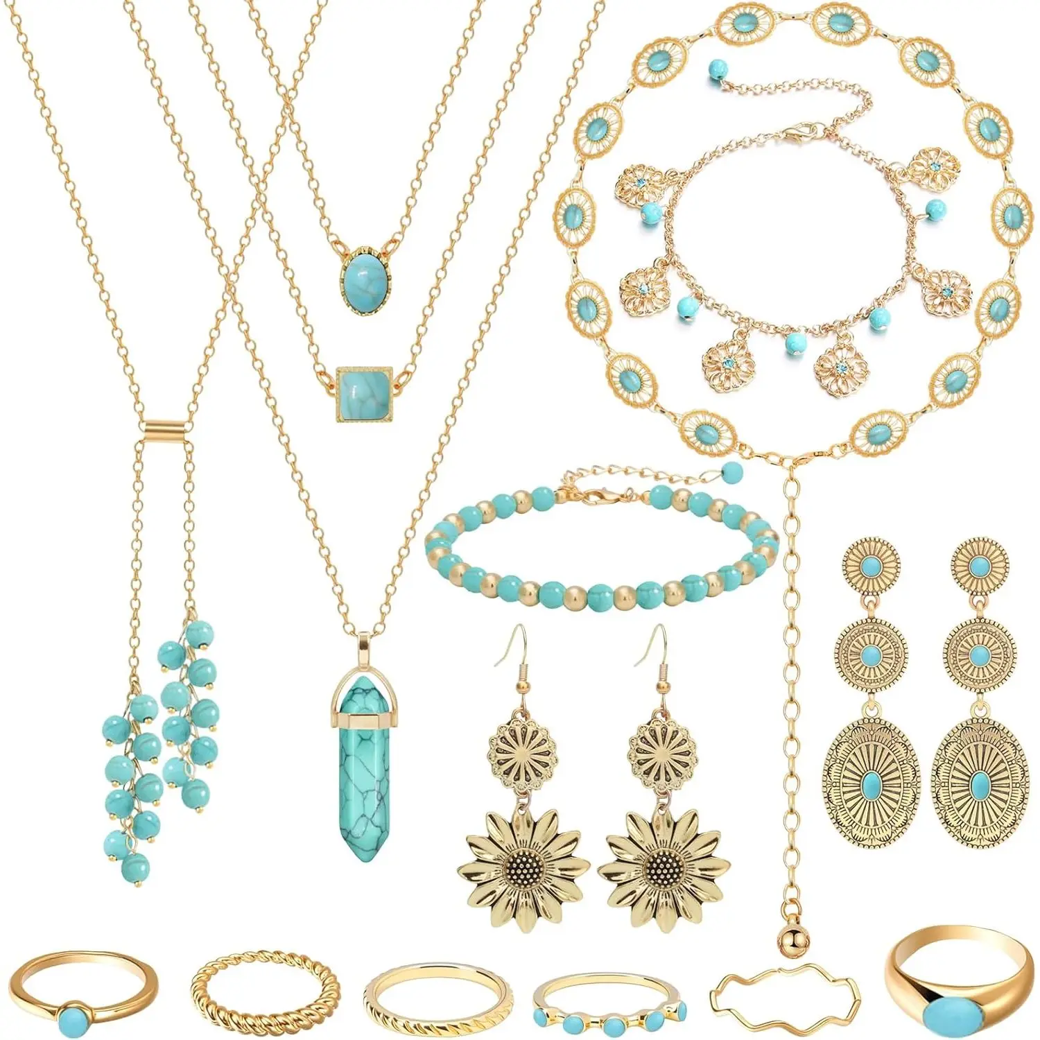 21pcs 21pcs Bohemian Jewelry Set Suitable for Daily Wear & Special Occasions, Stackable Western Boho Costume with Necklace Bracelet Ring Belt Earrings, Year-Round Gift for Parties Travel Birthday (No Plating)