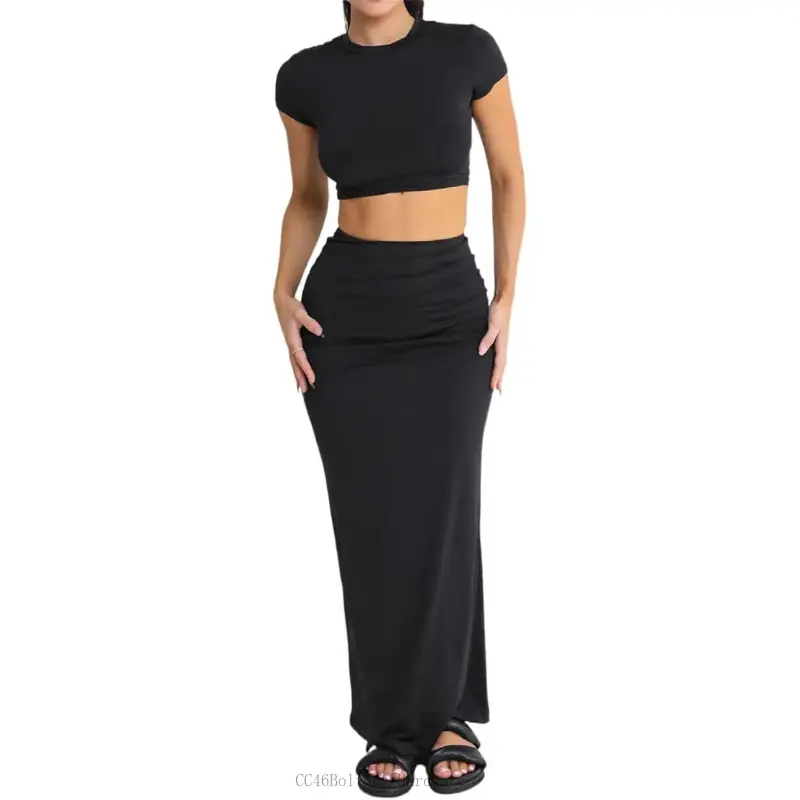 Two Piece Skirt Set for Women 2 PC Outfits Short Sleeve Crop Tops Bodycon High Waist Long Maxi SkirtsCC46BoltNestHardware