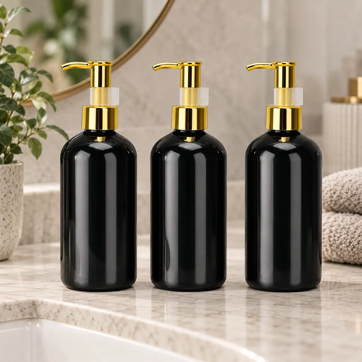 Black Refillable Pump Bottles 3 Pack, Gold Pump Soap Dispenser Bottles for Shampoo, Conditioner and Body Wash