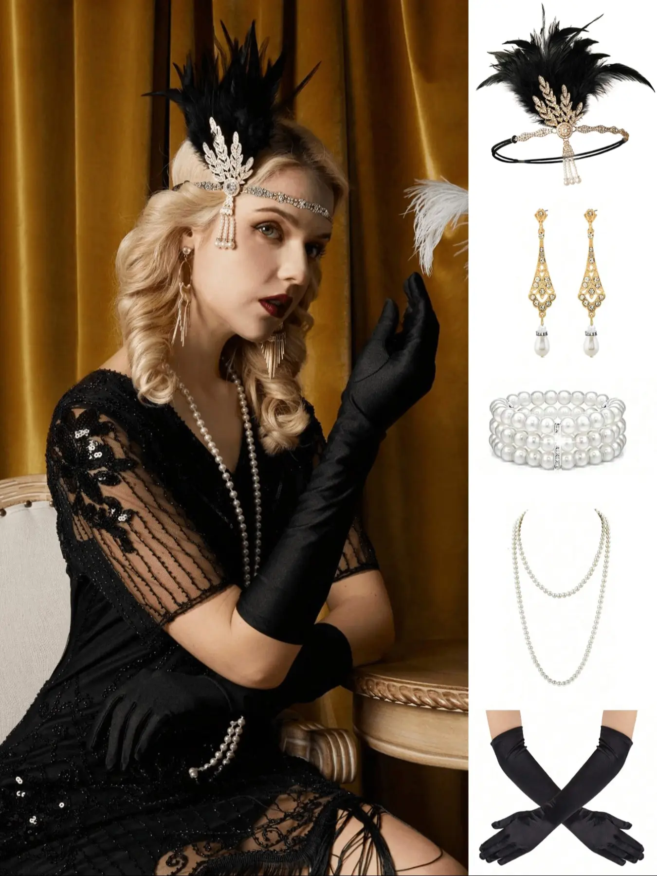 5Pcs/Set Flapper Accessories Sets Roaring 20s Gatsby Vintage Costume Accessories Set for Women (Black feather)