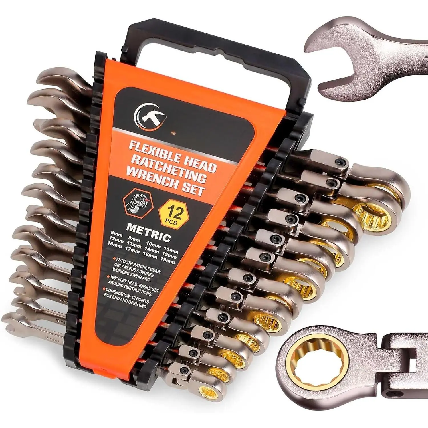 Flexible Ratcheting Wrench Set 12 count Metric 8-19mm Flex- Spanner Gear Ring Ratchet Combination Wrenches Kit with Portable Organizer