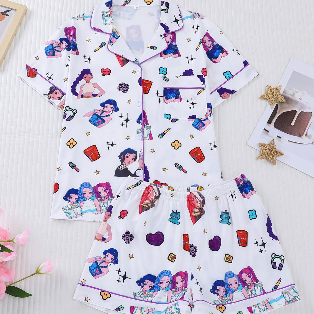 Girls Short Sleeve and Short Pajama Anime Girl Print Lapel Cardigan Loungewear 2pcs Kids Homewear Bubble Crinkle Fabric Soft Skin friendly