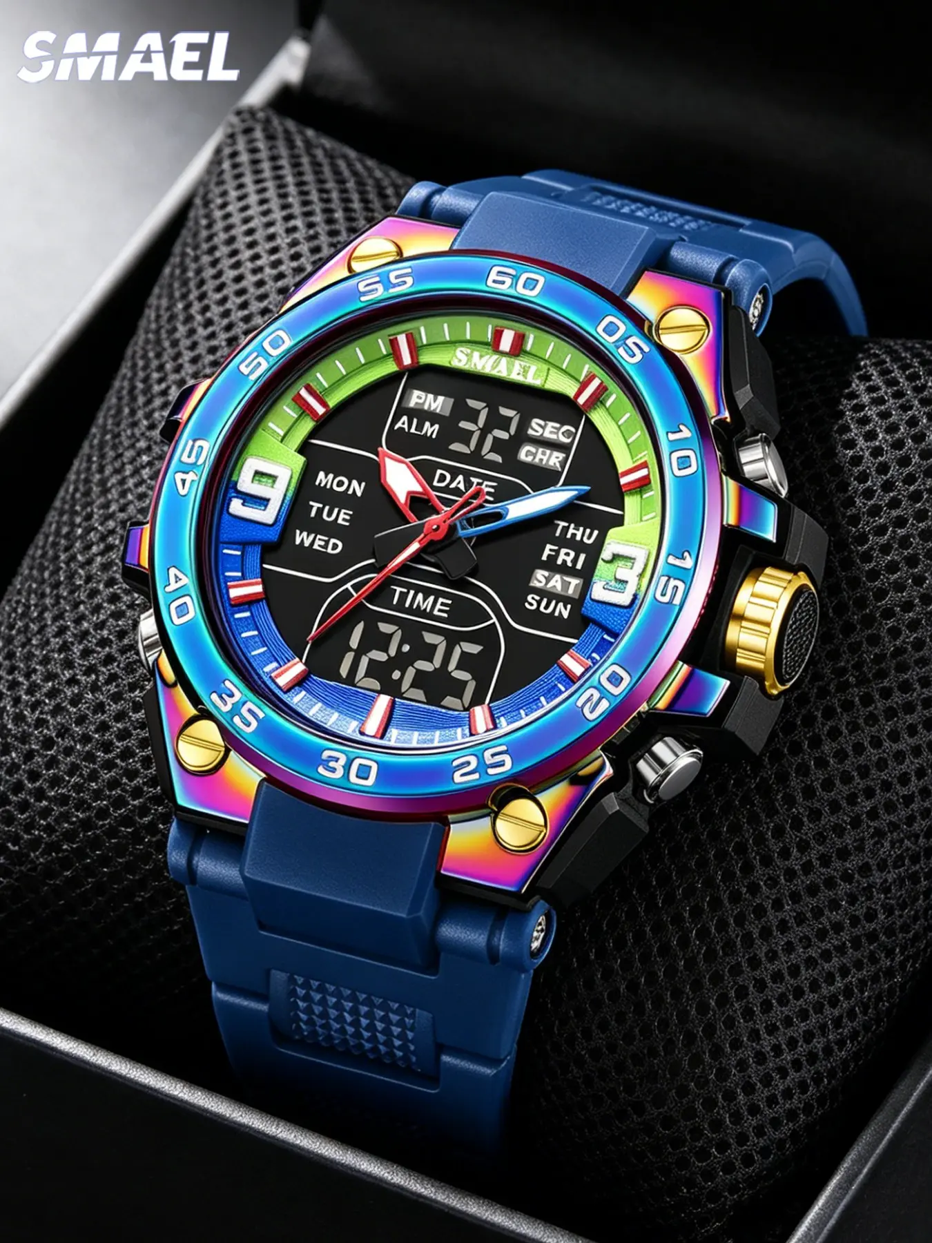 Smael Men's Electronic Watch, Sporty LED Analog-Digital Timer, Military Dual Display, Quartz Movement, Mineral Glass, Pin Buckle, Sports Wrist Watch