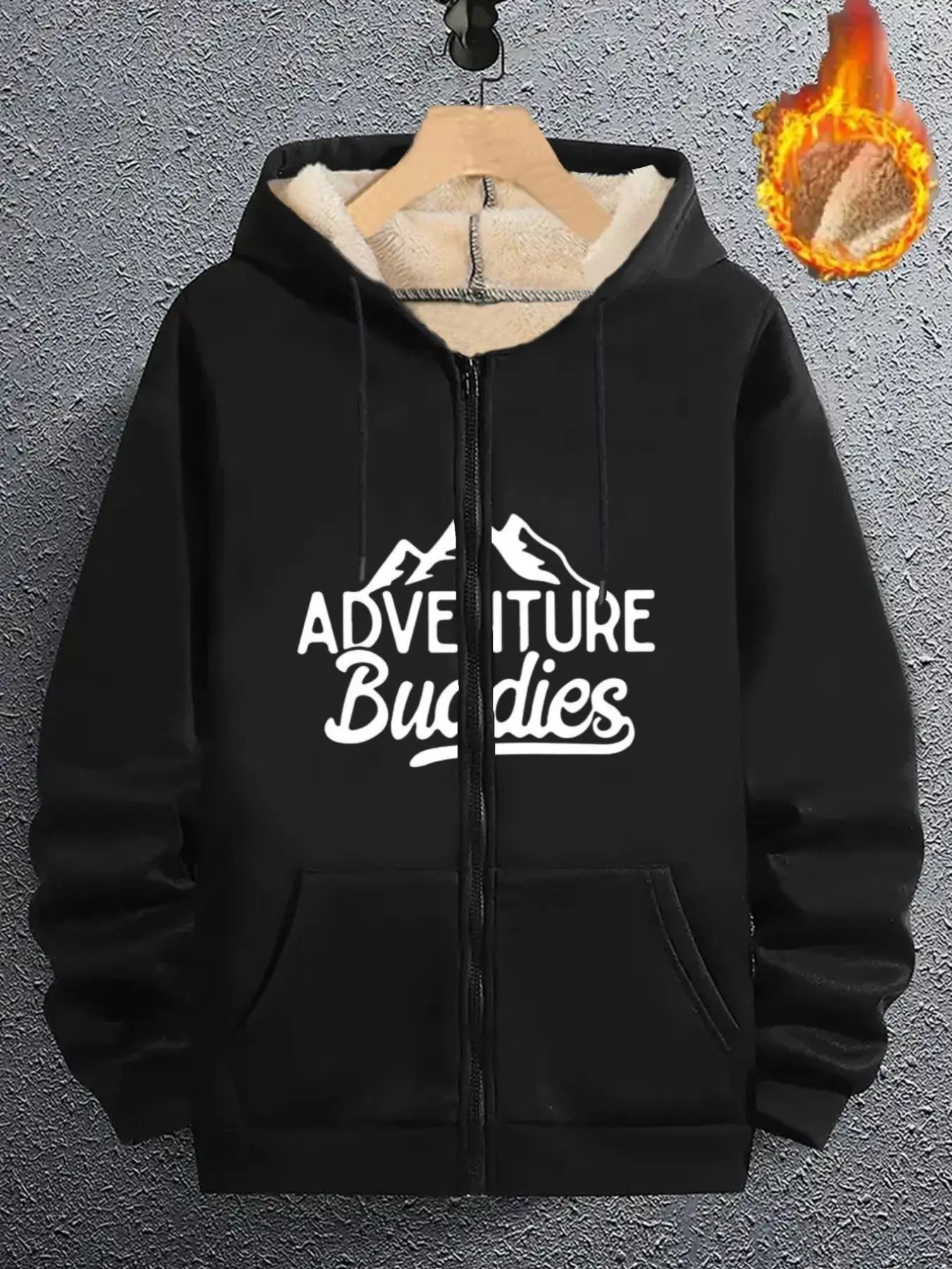Mountain Exploration Partner Cartoon Print Fleece Jacket, Thickened Zipper Hooded Coat, Outdoor Casual Warm Pullover, All Seasons