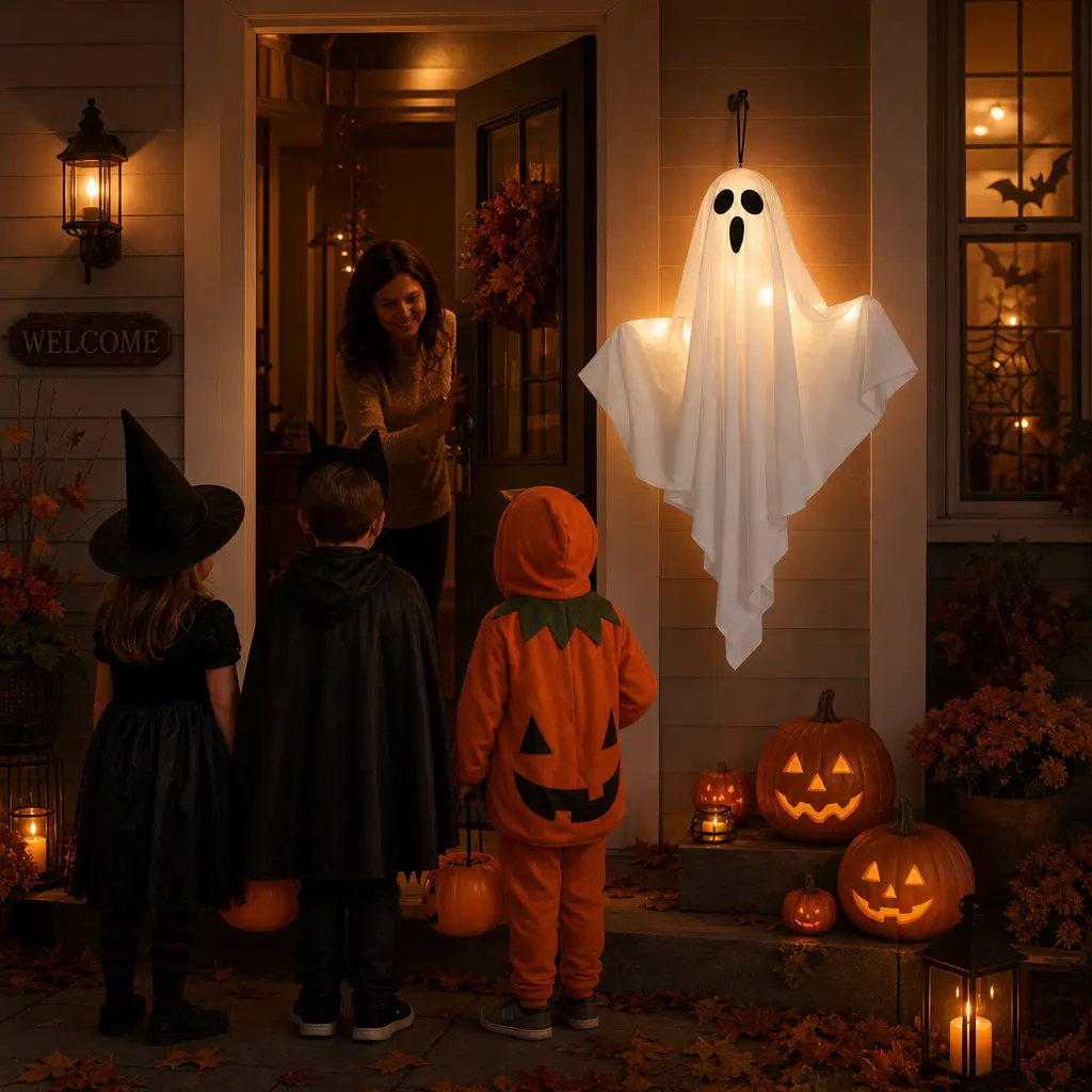 Light-Up Ghost Halloween Decor, Plastic Composite Floating Phantom - Door/Porch Decor for Home, Party