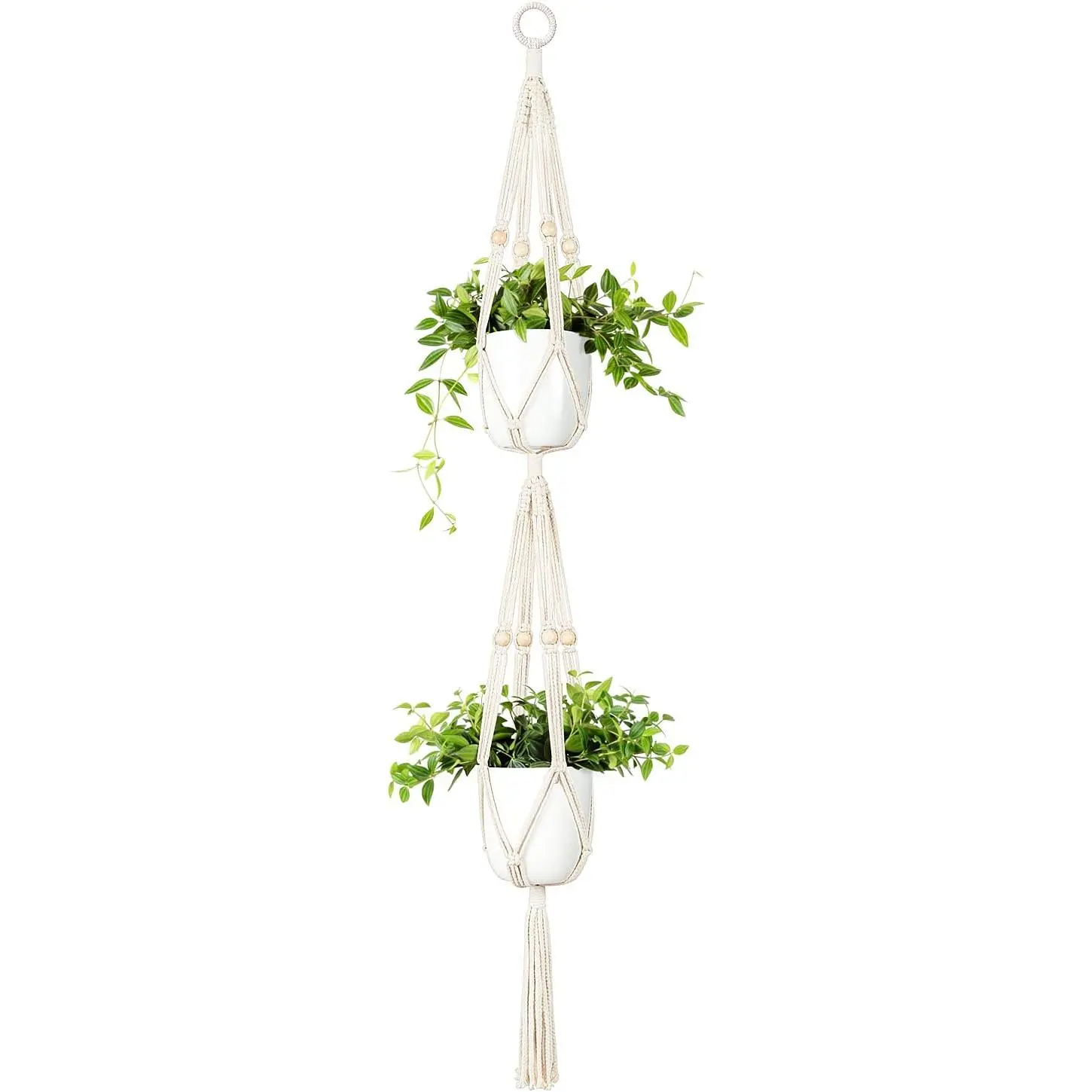 Modern Double-Tiered Macrame Rope Planter Hanger with Beading Detail, 49 in, Potted Plant Holder for Indoor, Outdoor Home Garden Use