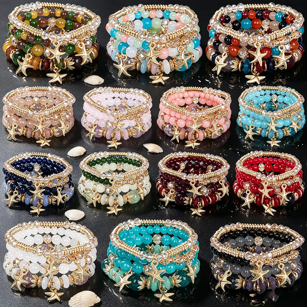 24pcs(6 Sets) Boho Layered Beaded Bracelet Set for Women, Multi Strand Stackable Stretch Bracelets with Golden Starfish Charm, Ocean Summer Beach Vacation Jewelry, Bohemian Colorful  Bead Bracelets Gift for Holiday Party Travel