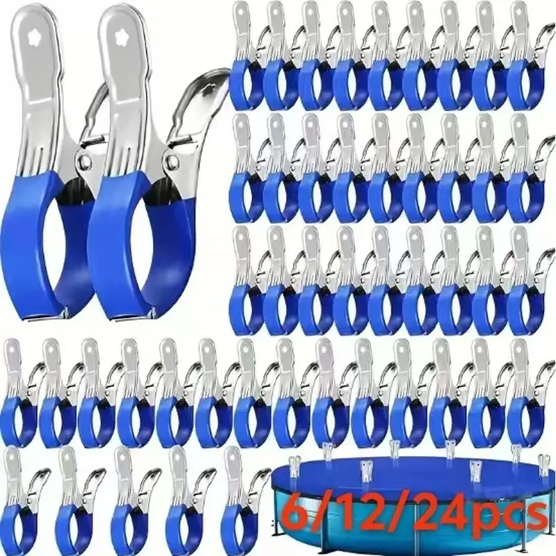 6/12/24 pieces of heavy-duty stainless steel spring clips-large opening design-anti-corrosion, indoor and outdoor universal, durable fasteners, multifunctional fixtures, outdoor activities necessary, rust-proof materials, windproof clips, movable fixers.