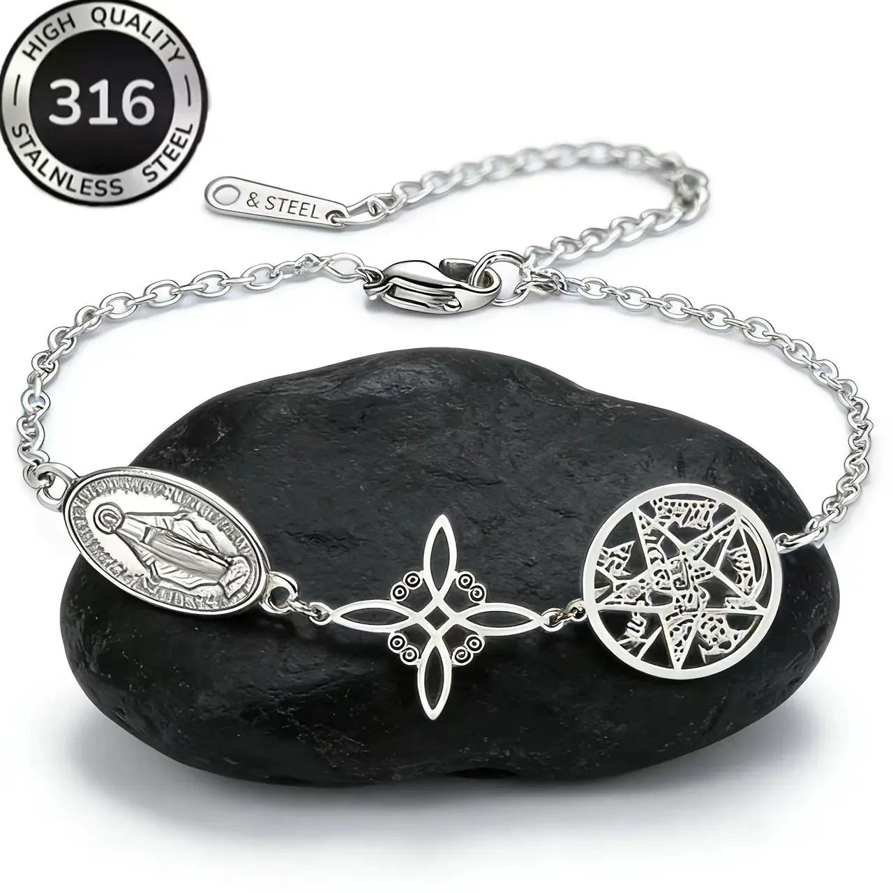 Triple Protection Bracelet Silver Color Virgin Mary Witch Knot Pentagram Tetragrammaton Stainless Steel Wrist Waterproof Jewerly