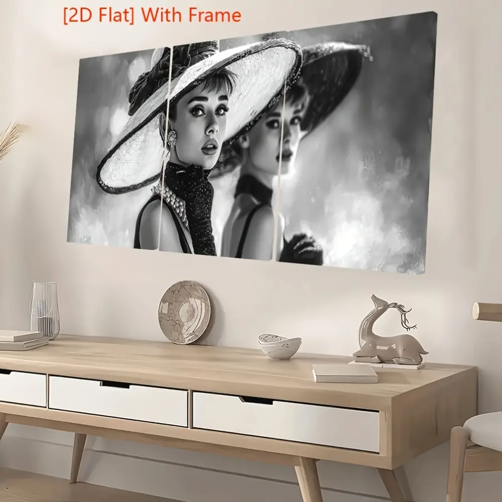 Audrey Hepburn Vintage Black and White Framed Flat Print Set (3 Pieces) - Classic Top Hat Photo, Old Hollywood Style Wall Decor for Living Rooms, Bedrooms