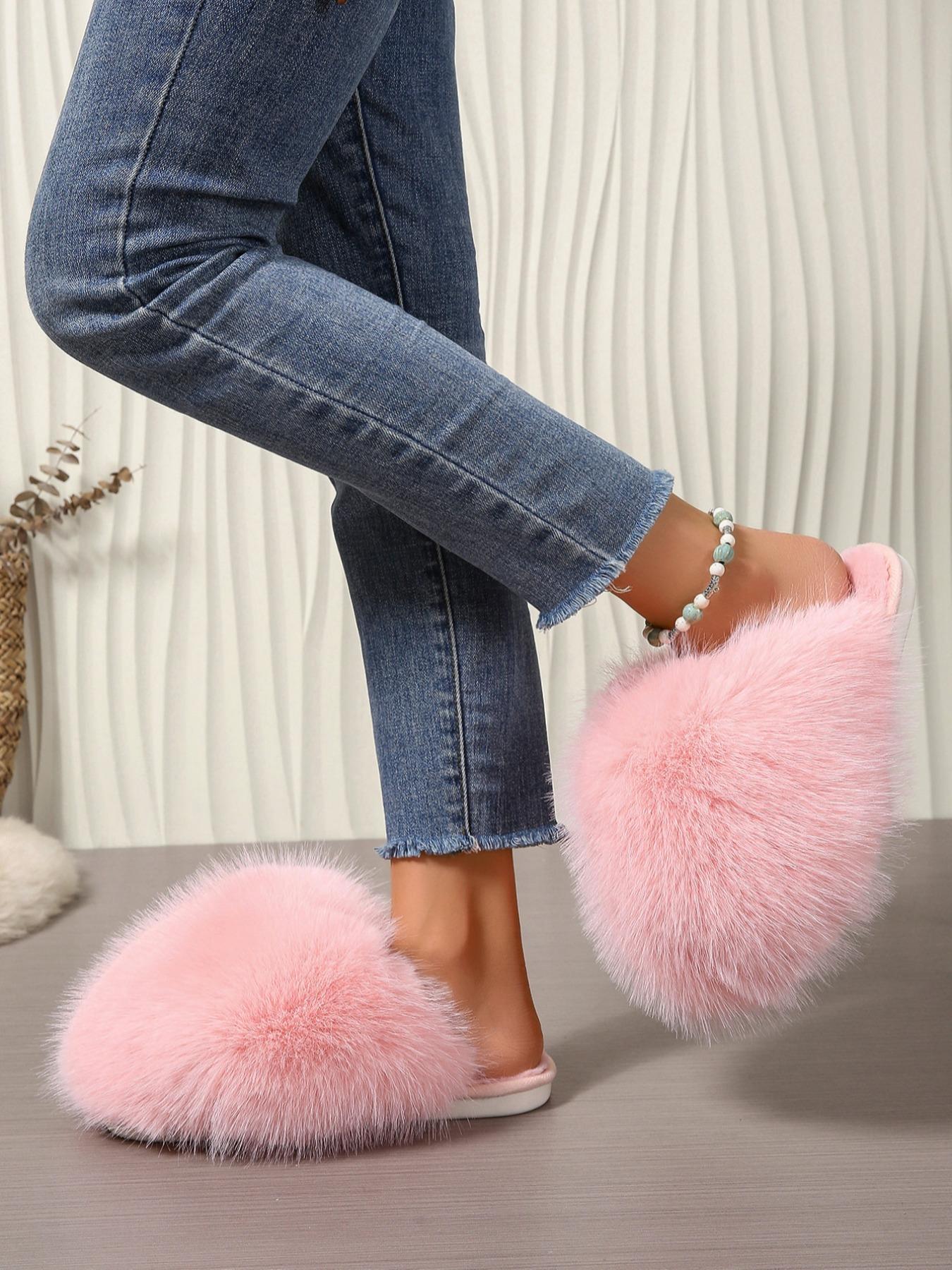 Women's Solid Color Fluffy Plush Slippers, Casual Soft Comfortable Home Slippers, Warm Slippers for Indoor & Outdoor Use for Fall & Winter