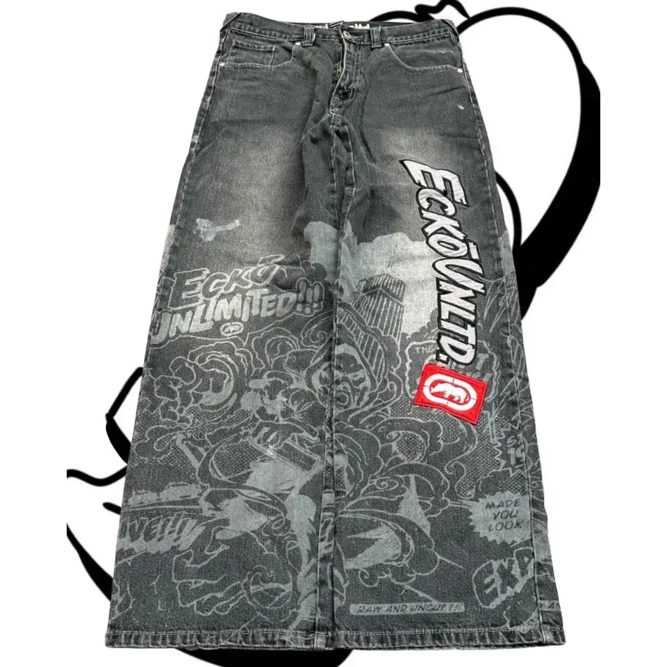 Baggy Hip Hop Jeans | American Fashion Print Streetwear Pants | Grey Wash Straight Leg Denim