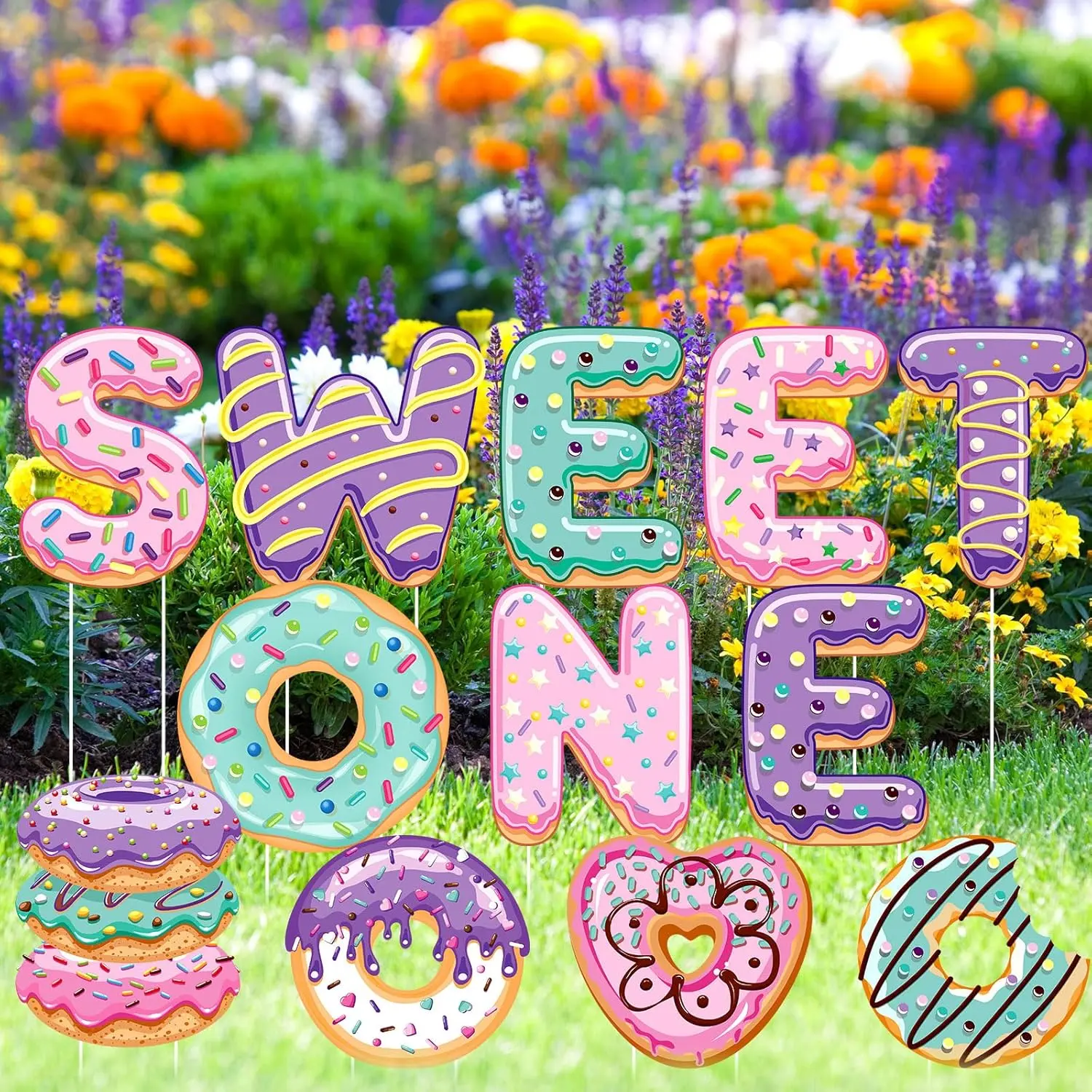 12 Pcs Sweet One Birthday Party Supplies Yard Signs with Stakes Donut Theme Outdoor Birthday Decorations Sweet One Lawn Garden Sign for Donut Party Decor Supplies Favor