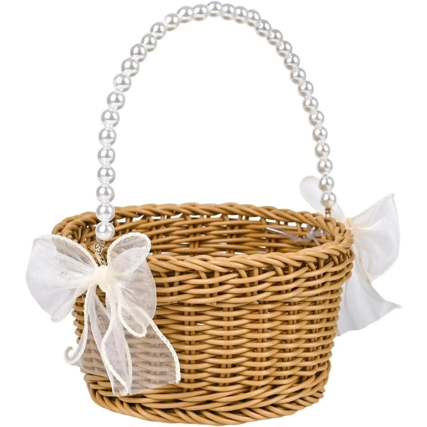 Wicker Rattan Flower Girl Basket with Pearl Handle and Bow for Rustic Weddings, Easter, or Garden Storage