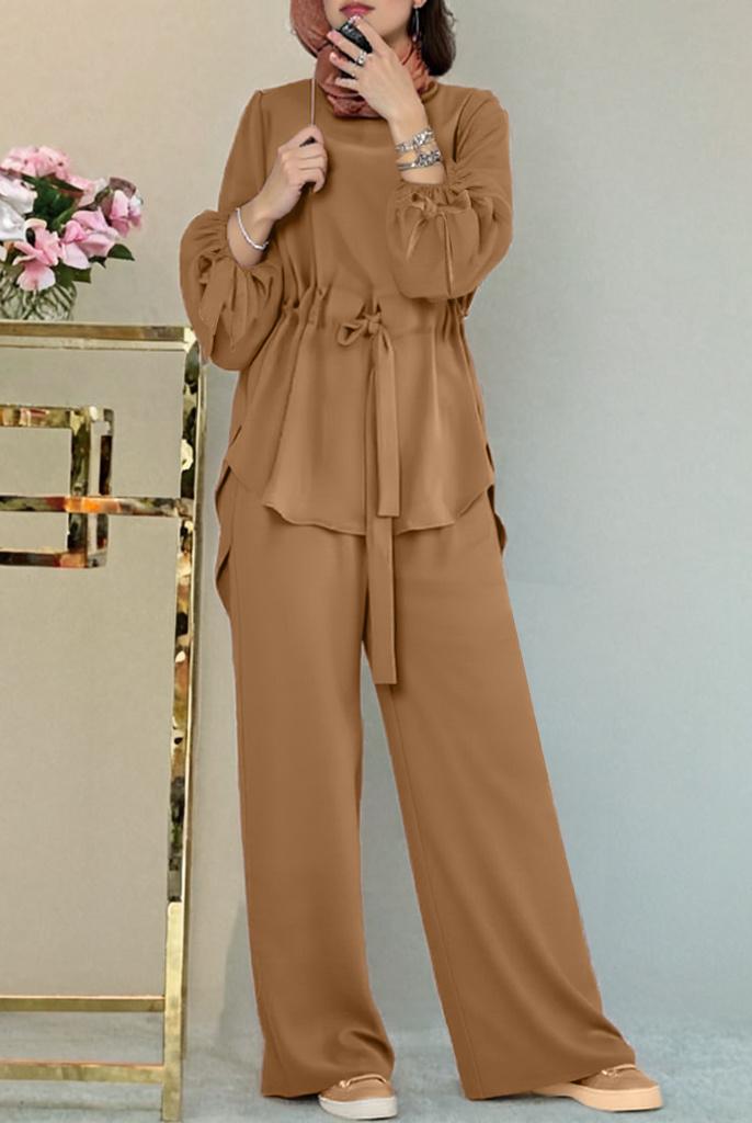 Middle Eastern Muslim Two-Piece Set: Solid Color Drawstring Tie-Up Top and Wide-Leg Pants for Women, Elegant Arabian Outfit with Round Neckline, Modest Fashion, Casual Wear, Stylish Ensemble, Elegant Design, Breathable Material, Lightweight Fabric, Muslim