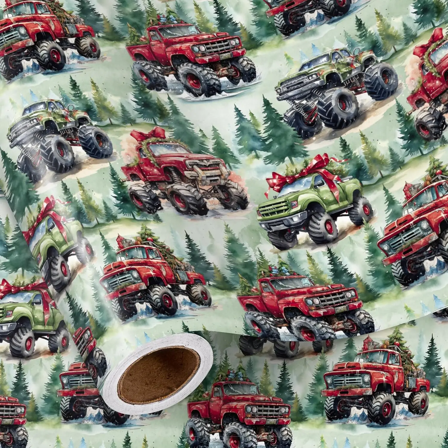 Christmas   Wrapping Paper Roll, Mini Roll, Red Green Off-Road  with Gifts and Trees Design, Holiday  Wrap for , Boys, , Xmas Gifts, 17 Inches x 16.4