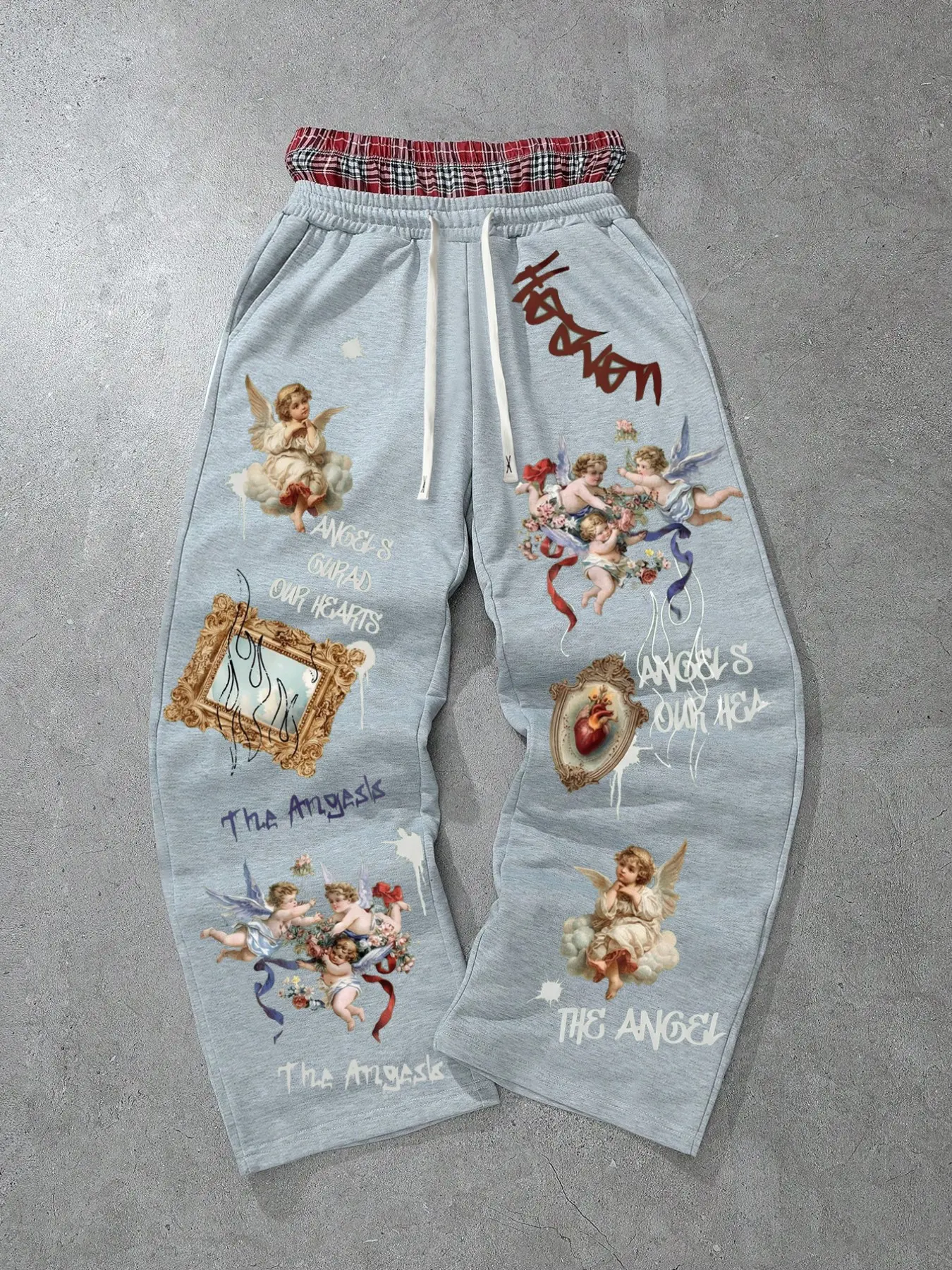 Renaissance Oil Painting Angel Wide Leg Sweatpants, Light Soft Fleece Fabric, Vintage Prints, Loose Fit, Fall Winter Casual Long Pants