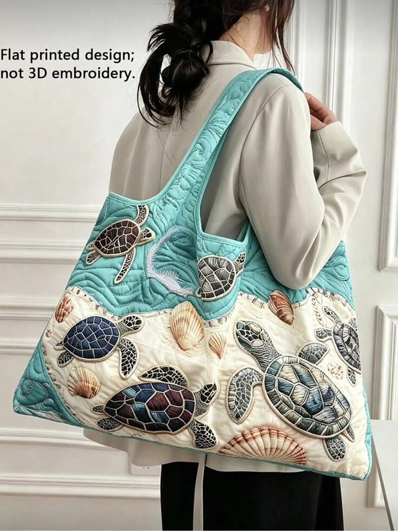 2D Turtle Starfish Beach Tote Bag Lightweight Large Capacity Foldable Shopping Bag for Women Summer Picnic Travel Office Storage
