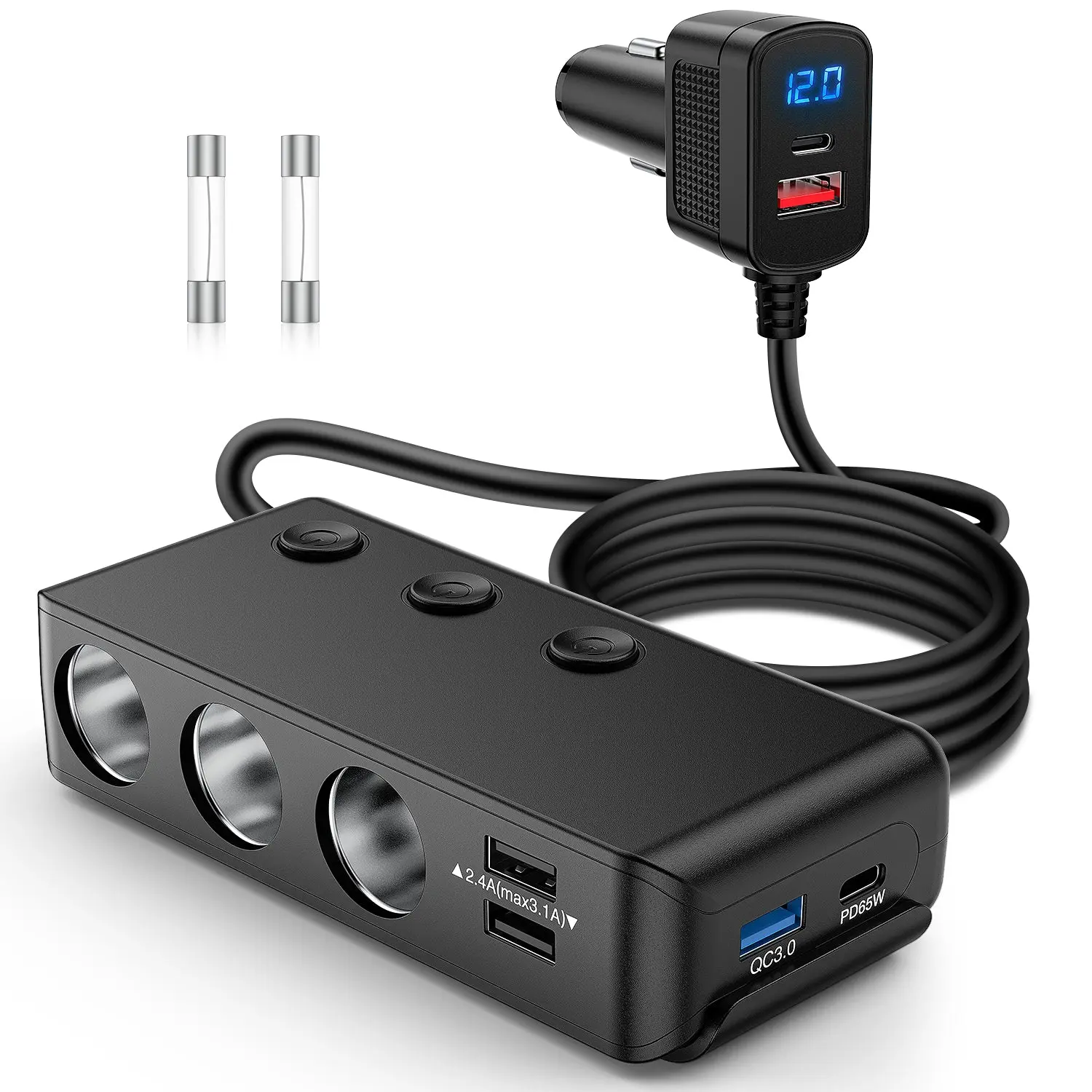 Nilight 9-in-1 Heat Resistant Car Cigarette Lighter Adapter Splitter, 3 Sockets, 65W PD & 18W QC3.0 USB Charging Ports, Independent On/Off Switches, LED Voltage Monitor, 163W Total Output, Slip Resistance, 12V-24V for Cars, SUV