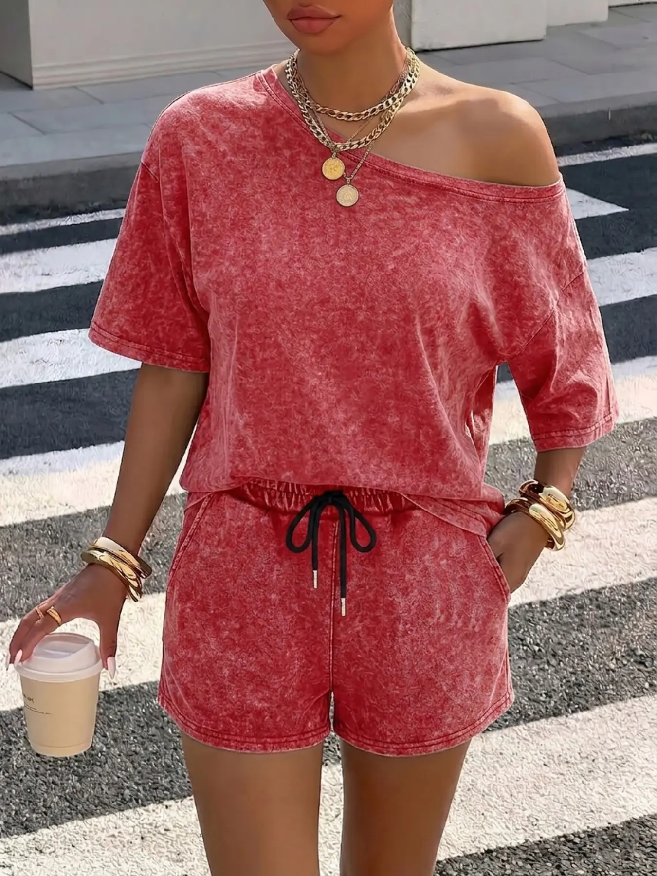 Multi-color distressed wash one-shoulder matching set; American vintage style; flattering fit suitable for all body types; pair with sneakers or slides for a casual everyday shopping look; Clothes