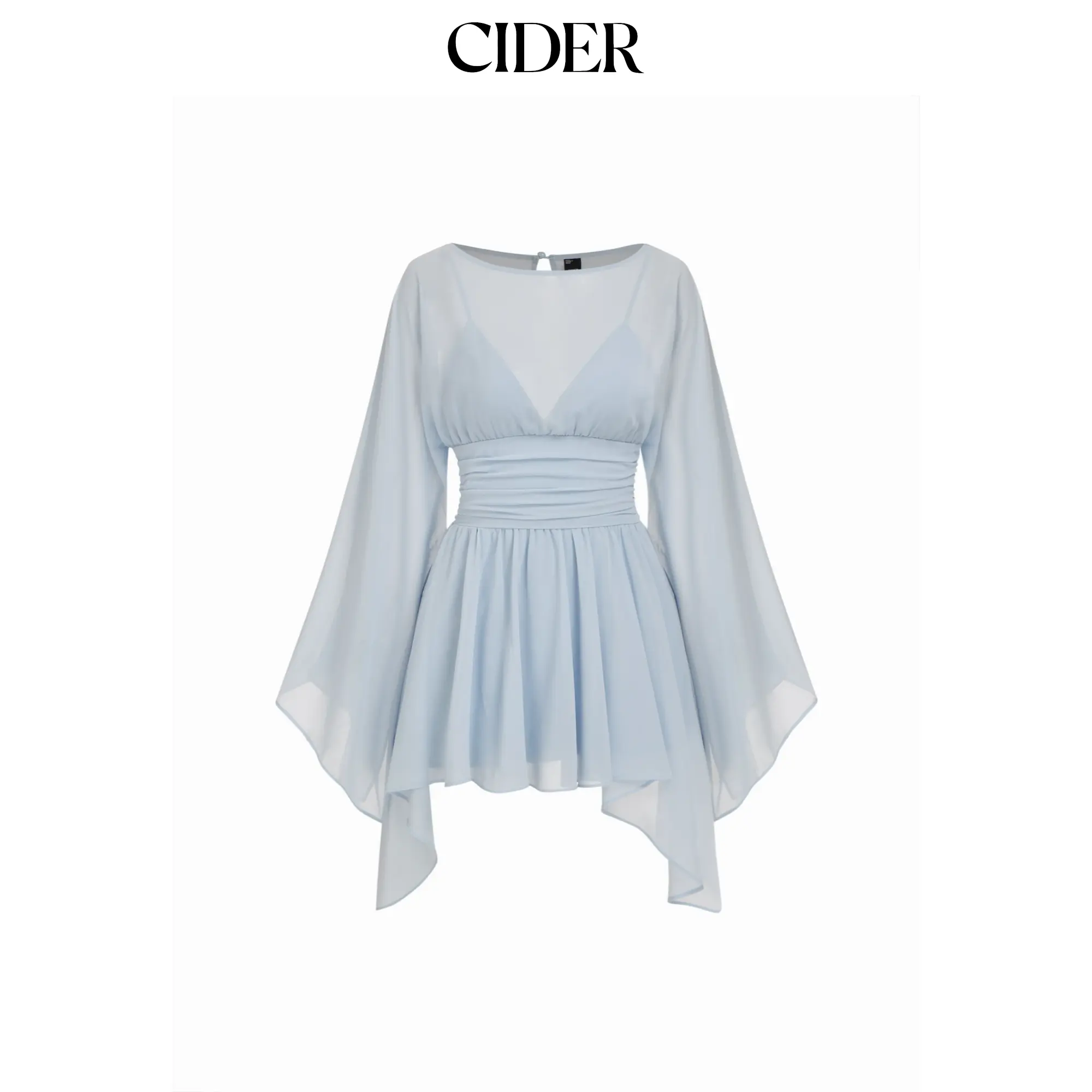 Cider Chiffon Boat Neck Cloak Sleeve Hanky Hem Smocked Oversized Romper