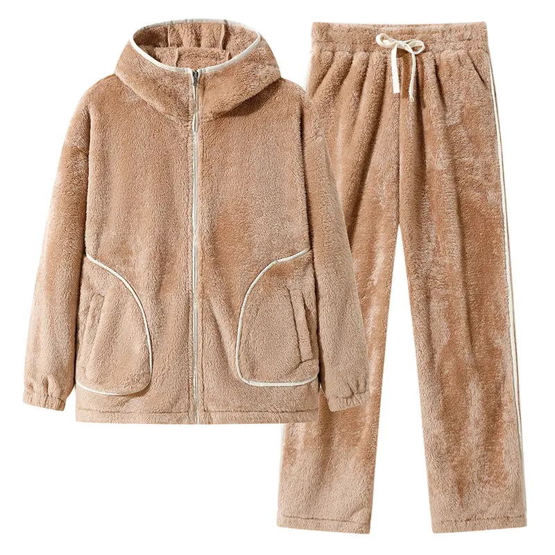 Men's 2-Piece Aesthetic Plush Fleece Loungewear Tracksuit - Long Sleeve Zipup Hoodie & Sweatpants, Menswear Pajamas, Warm Thermal Homewear with Contrast Piping Stripe, Drawstring, Pockets, Thick Soft Flannel (3 Colors)