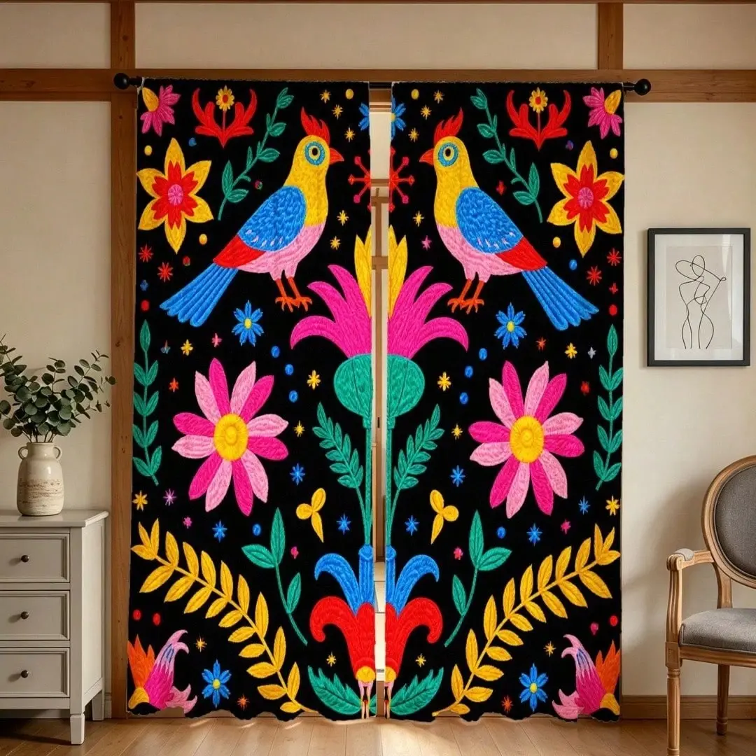 2-Piece Set Vintage Floral Bird Pattern Curtains, Modern Art Style, Semi-Transparent Privacy & Light Blocking, Home Decor, Rod Pocket Design