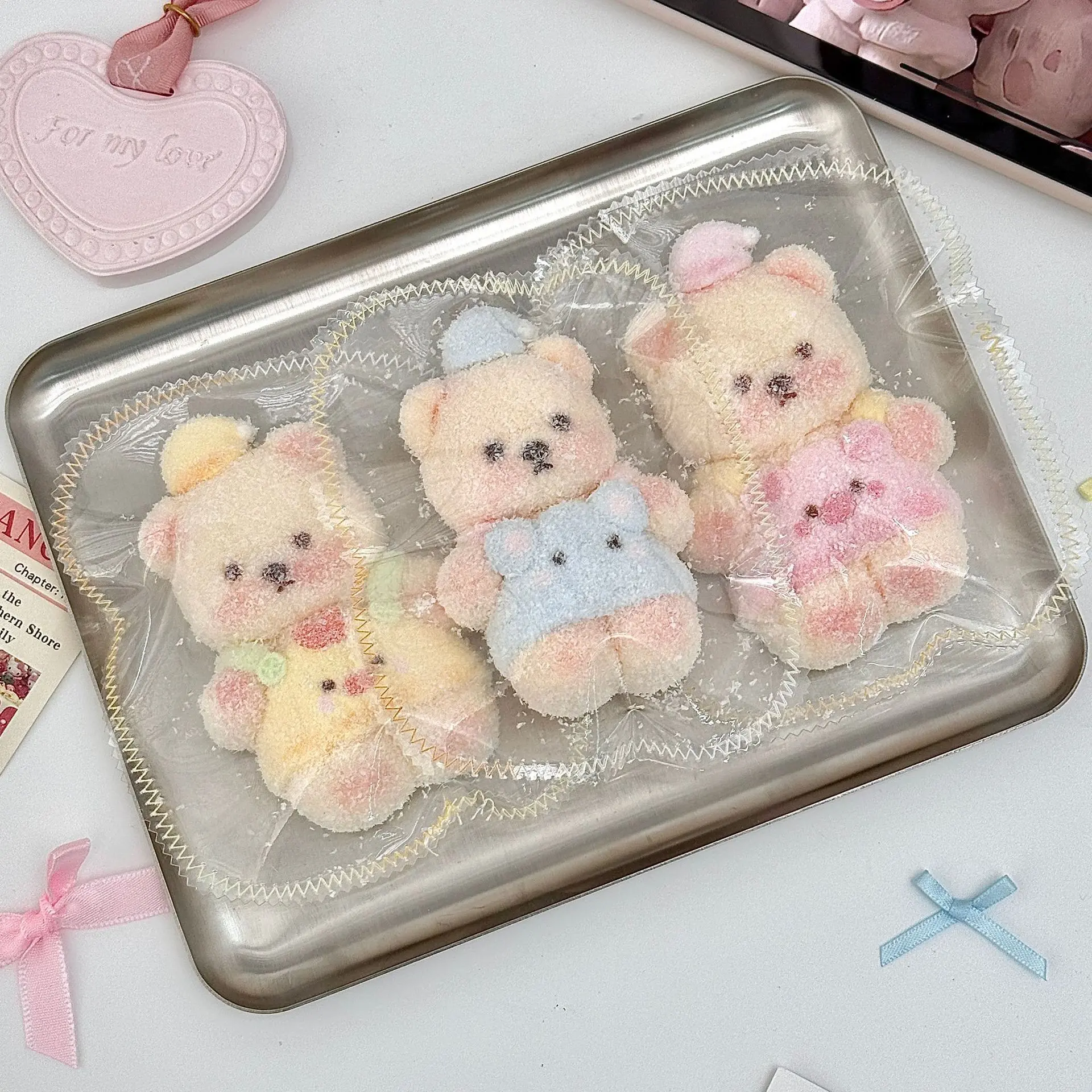 Flocked Bear Squishy Toy with Strap, Food Grade Silicone, Creamy Clay Texture, Cute Stress Relief Fidget Toy for Kids, Cute Squeeze Toy