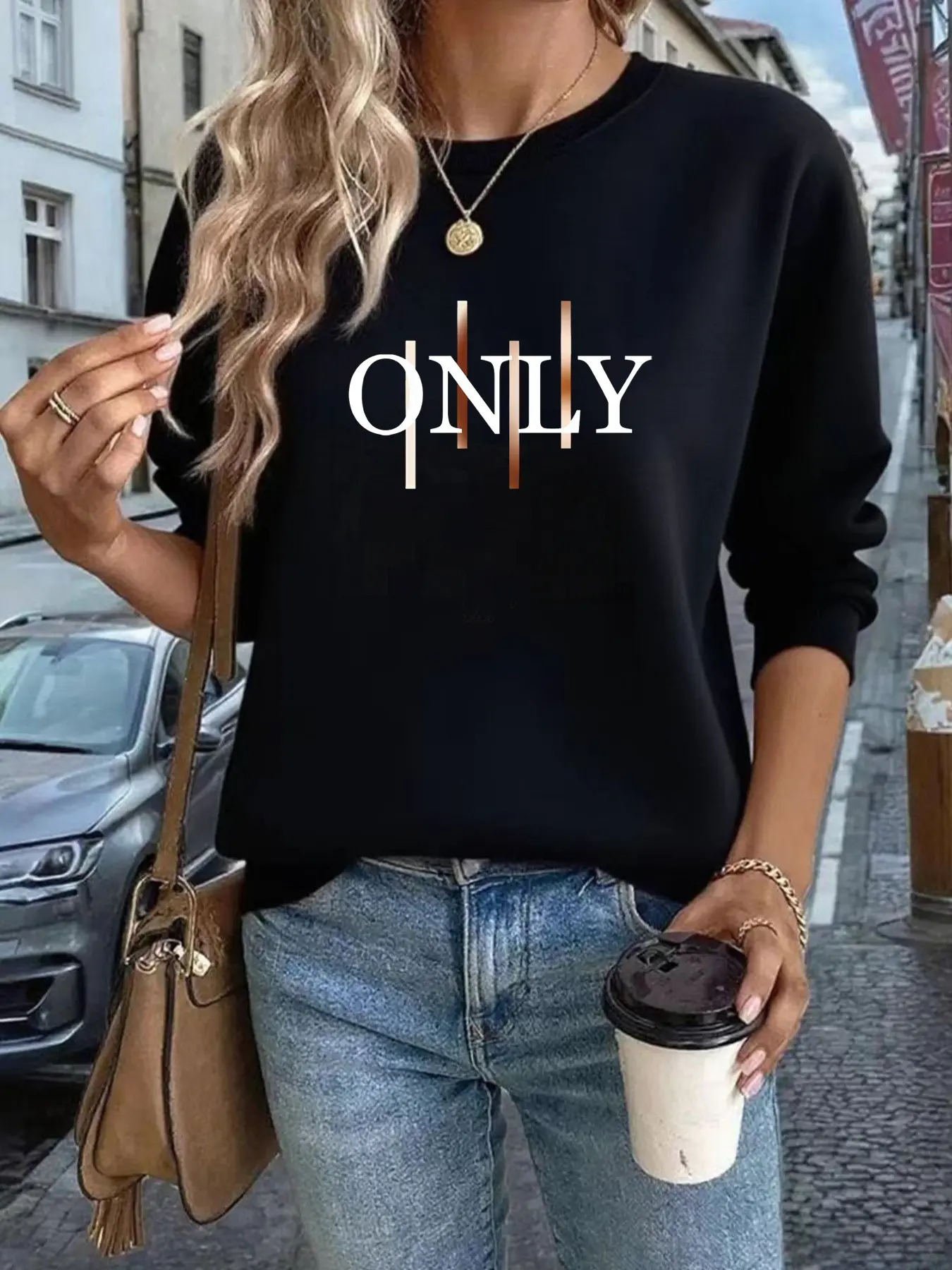 Women's Sweatshirt, Only Letter Print, Long Sleeve Loose-Fit, Fall & Winter Top, Perfect Gift for Birthday, Friends, Sisters, Holidays