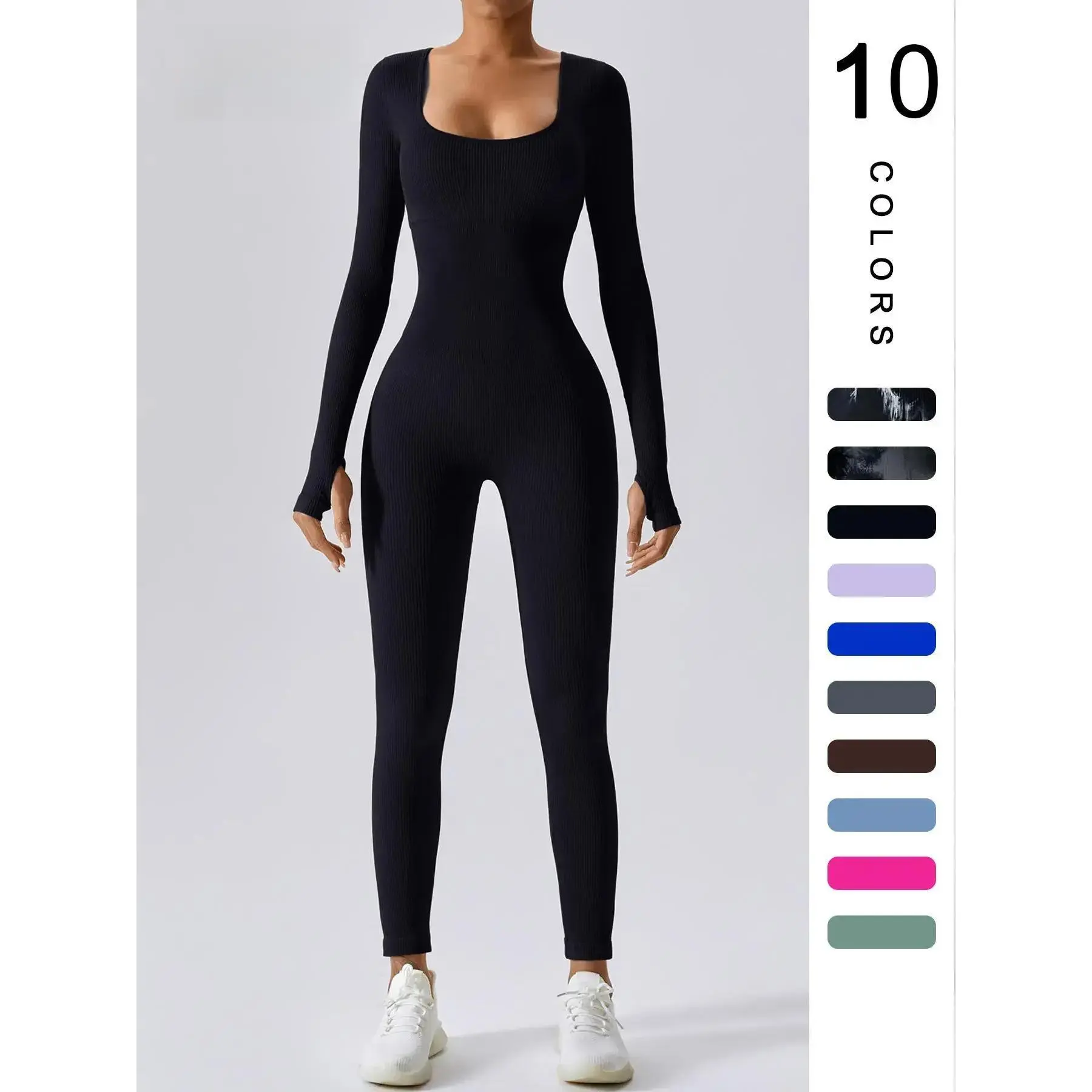 Women's solid color ribbed long-sleeve sports jumpsuit, tummy control and shaping bodysuit, fitness ribbed long-sleeve tight sports jumpsuit, seamless one-piece yoga outfit