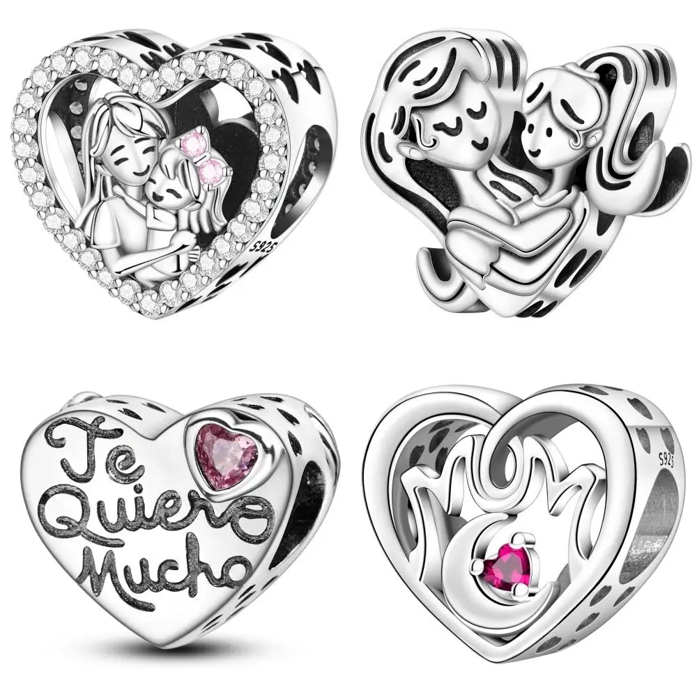 925 Sterling Silver Love Shaped Mother Daughter Embrace Pendants Bracelet Charms Fit Jewelry Party Beads DIY Fine Gift Accessory