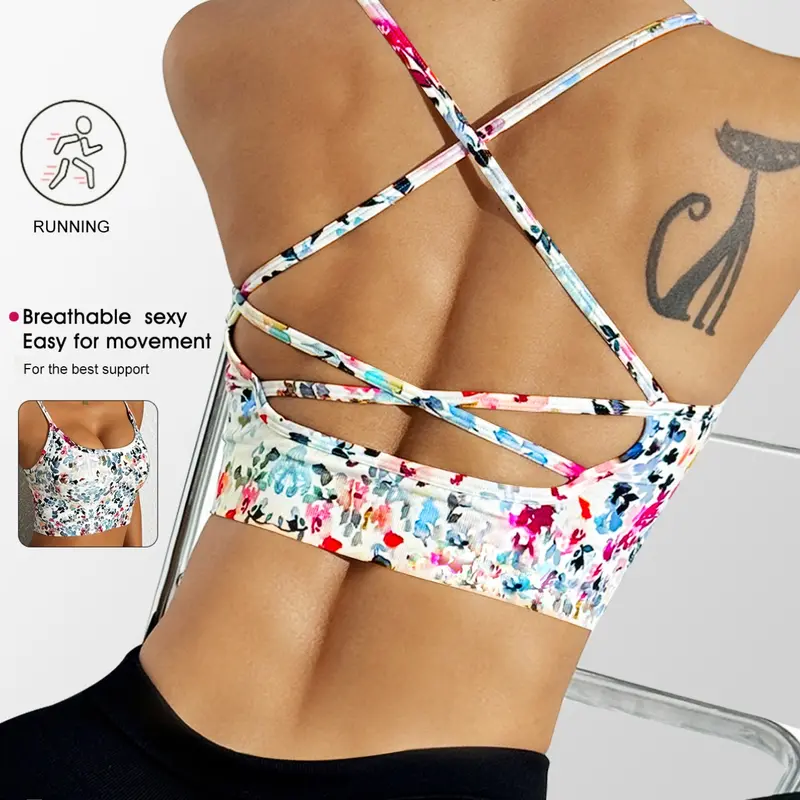 Women's Backless Floral Open Back Stretch Sports Bra, Workout Sports Bras, Sportswear Bra, Breathable Quick-Dry Design, Ideal for Indoor and Outdoor, Casual Style