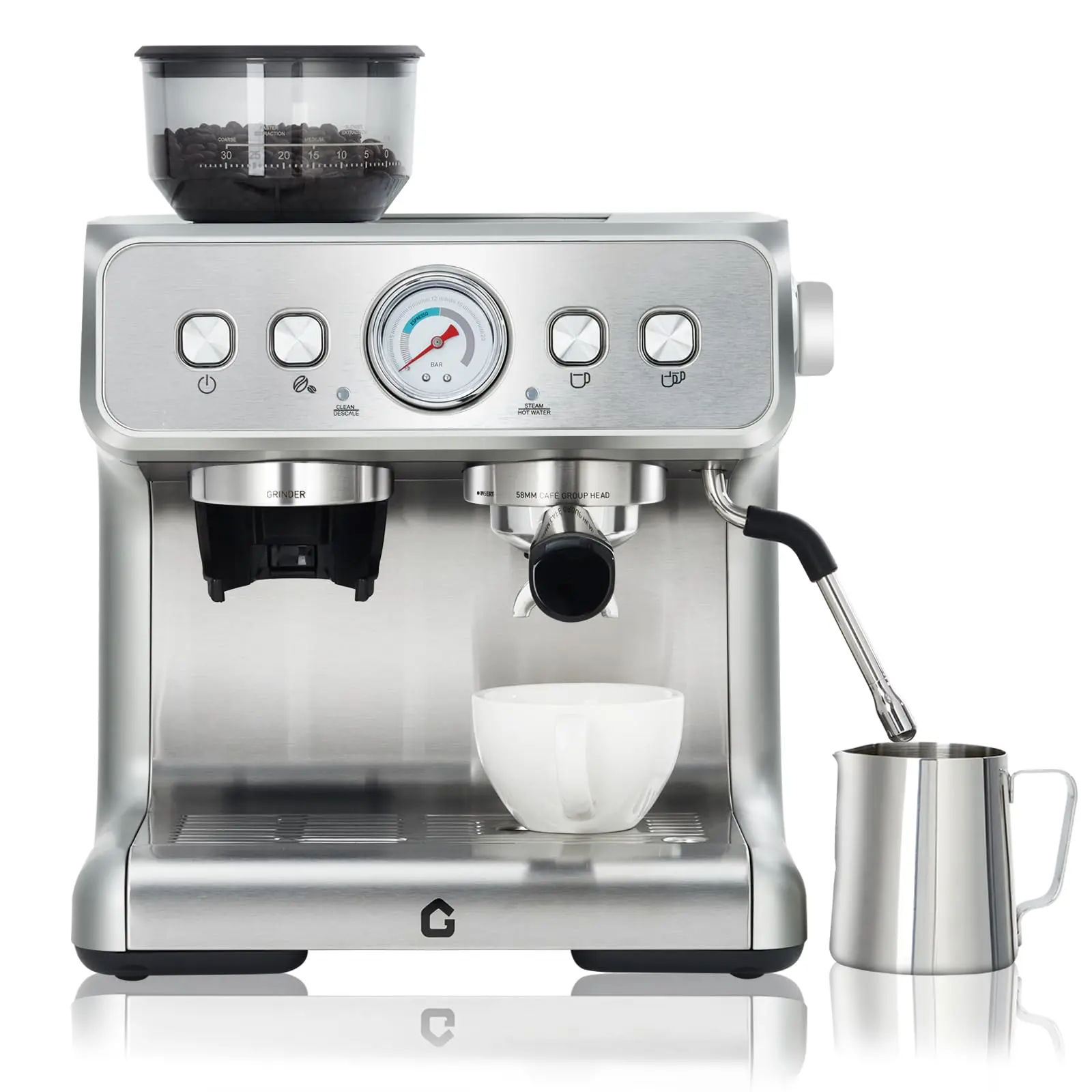 20 Bar Stainless Steel Coffee Maker Machine with Built-in Grinder – 2.8L Removable Water Tank – Milk Frother Steam Wand for Latte & Cappuccino – Adjustable Shot Volume