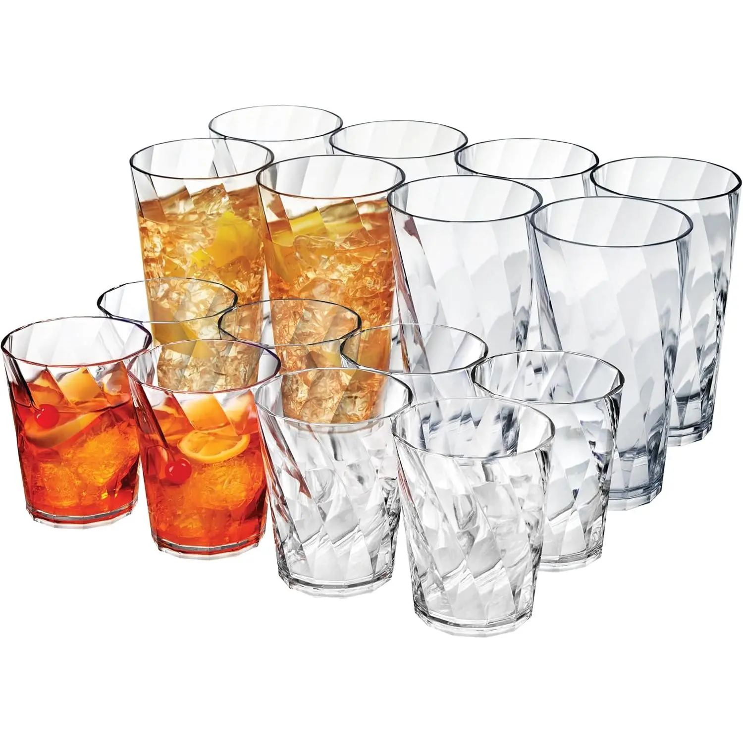 Optix Plastic Reusable Drinking Glasses (Set of 16) 14oz Rocks & 20oz Water Cups in Clear | BPA-Free Tumblers, Made in USA | Top-Rack Dishwasher Safe