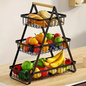 1pc 2/3-Tier Iron Drain Basket with Wooden Handle - Removable Wire Mesh Food-Safe Countertop Storage Organizer for Kitchen, Bathroom, Fruits & Vegetables - Space-Saving Home Organization Solution, Kitchen Storage Basket, Bathroom Organizer,