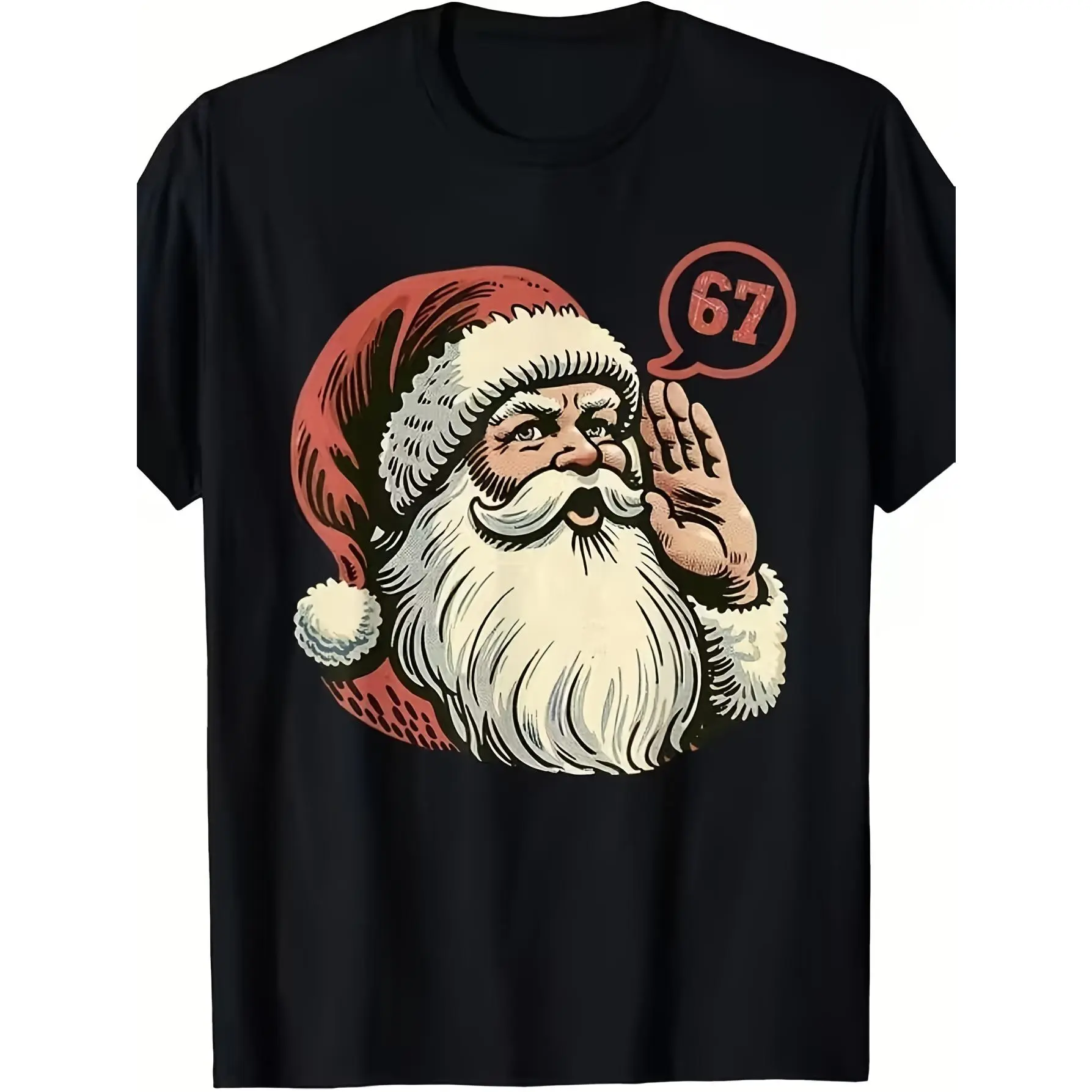 Santa Claus Shhh Gesture Graphic T-Shirt - Vintage Retro Style Black Tee Featuring Colorful Santa in Red Hat with Speech Bubble '67' - Fun And Unique Christmas Apparel for Holiday Celebrations, Perfect Gift for Family And Friends!