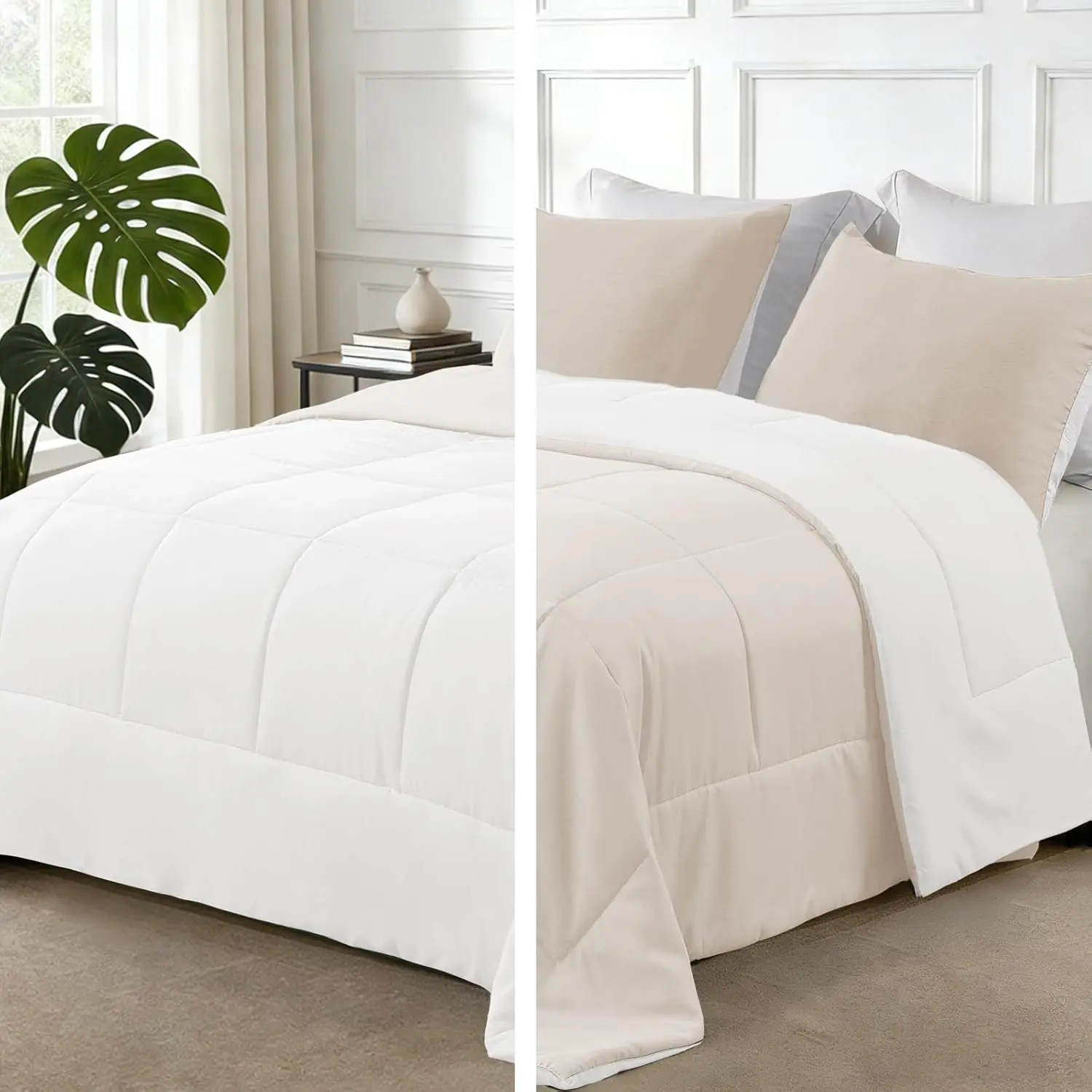 3-Piece Reversible Classic Solid Breathable Contemporary Soft Full Comforter Set - Brich Beige/White Lightweight Microfiber Down Alternative All-Season Bedding with 2 Pillow Shams