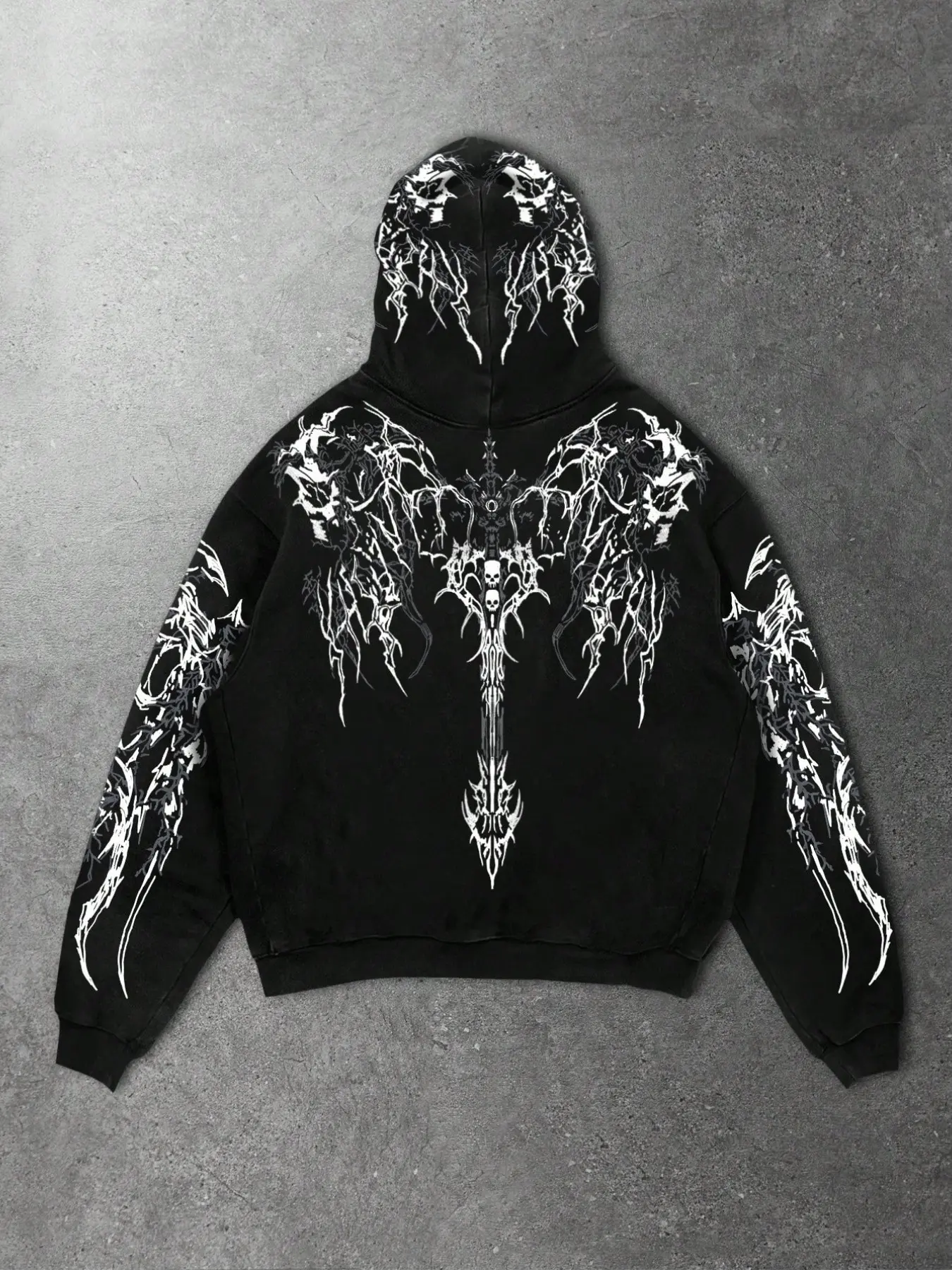 Gothic Metal Font Serendipity Printed Hoodie | Heavyweight Loose Fit Casual Hoodie Pullovers Cyberpunk Streetwear Pullover with Long Sleeve Tribal Print | Unisex Techwear Dark Academic Autumn Winter Hooded Sweatshirt Graphic Sweatshirts Gothic Rock Hoodie
