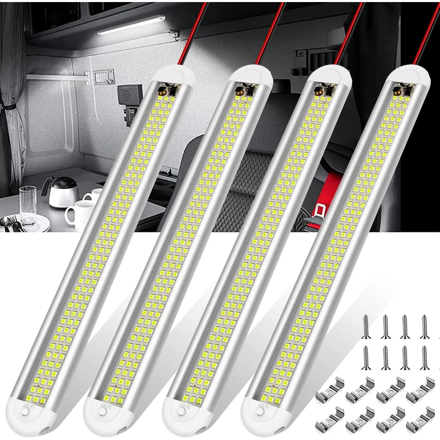 12v LED Interior Light Bar, 120LEDs 1500LM 8W DC 12 Volt led Strip Lights with ON/Off Switch, for Enclosed Cargo Trailer, Car RV Van Truck Lorry Camper Boat Caravan Motorhome (4Pack)
