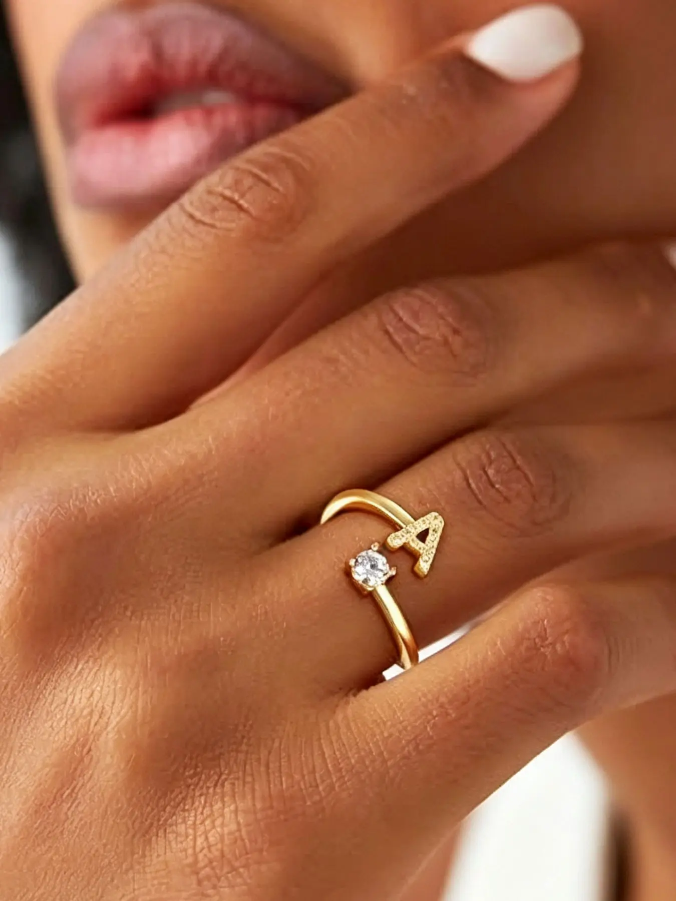 14k Personalized Initial Open Ring, Adjustable Stackable Band, Zirconia Jewelry, Custom Name Gift for Women, Girls