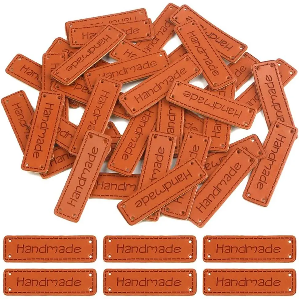 100 count PU Leather Tags  with Love Labels Faux Leather Sew  Label Embellishment Knit Accessories with 4 Holes for DIY Crafts Crochet Knitting Hats Jeans Bags Shoes, Brown