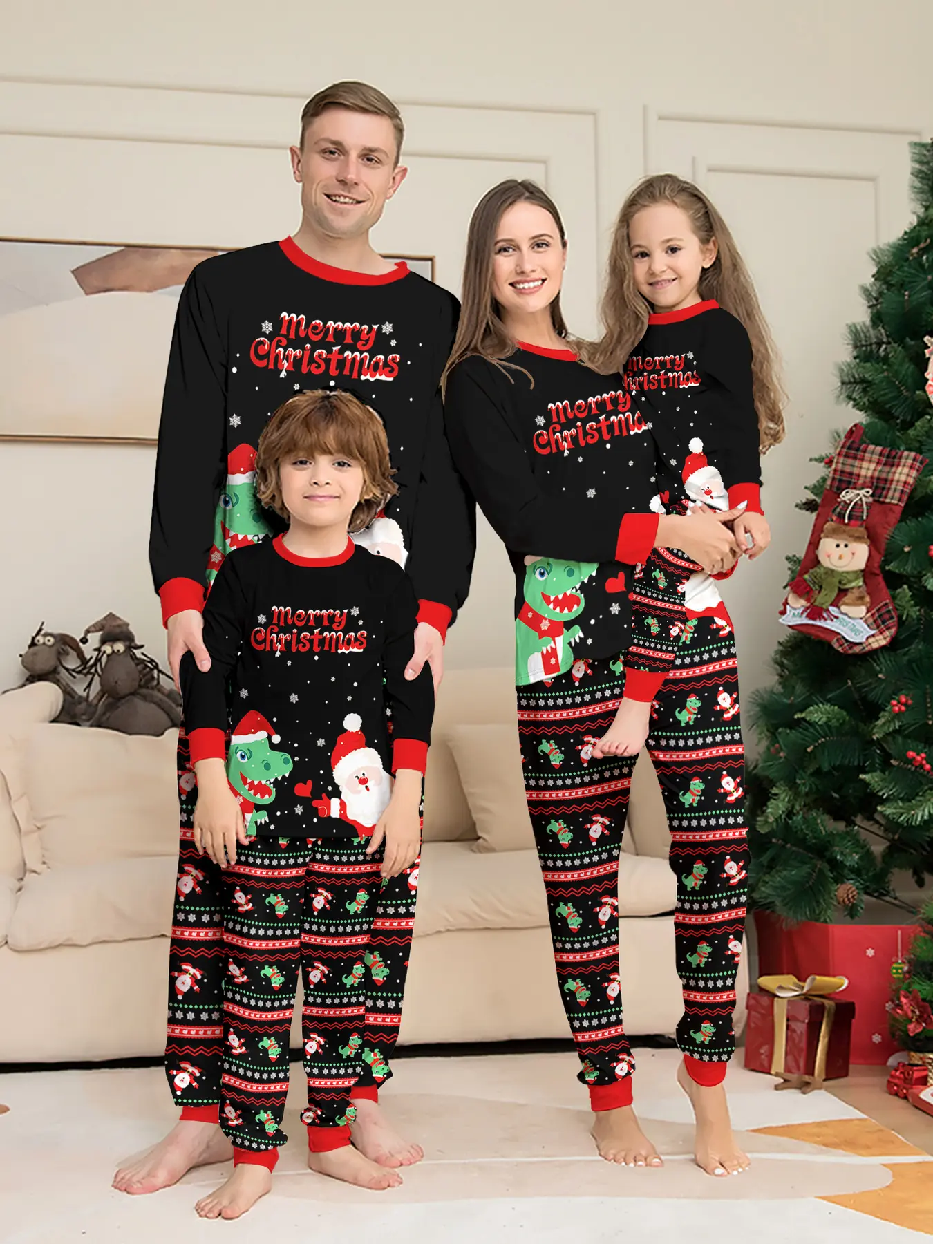 Cartoon Dinosaur Christmas Pajama Set, Soft Breathable Knit Home Wear, Family Photo, Holiday Gift, Slim-Fitting