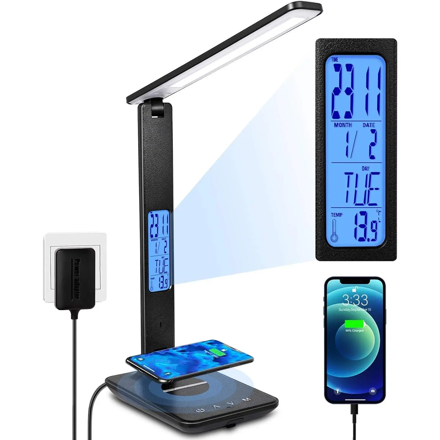 Modern LED Desk Lamp with 10W Qi Wireless Charger, USB Charging Port, LCD Clock, 5 Brightness Levels, 3 Color Modes, Adjustable Reading Light – LED Lights for College Dorm Shopping, Room Gadgets, Man Cave Gadgets, Lamps, 10W Power