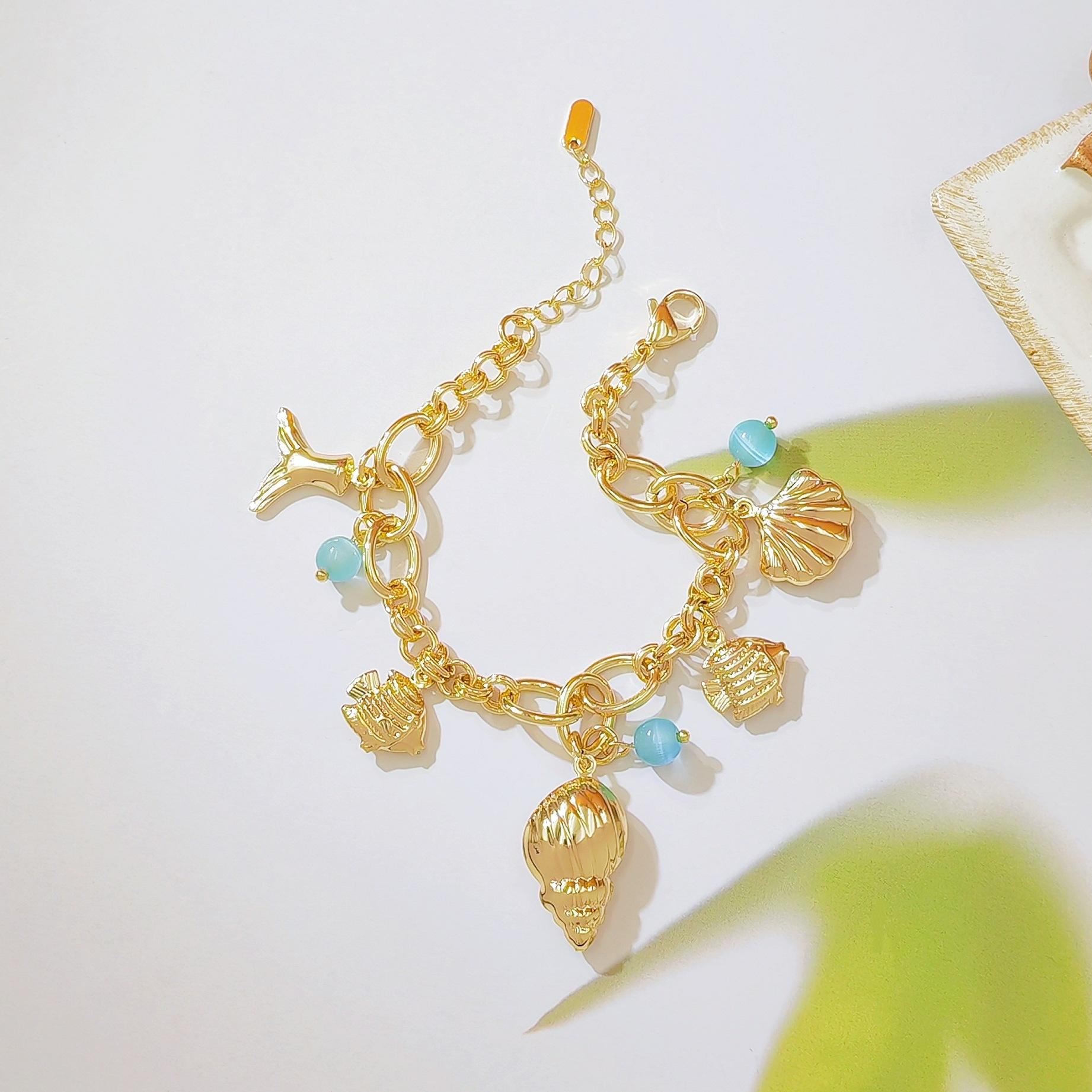 Ocean Inspired Shell Conch Mermaid Tail Bracelet, 18K Gold Plated with Blue Cat Eye Stone, Minimalist Unique Design, Trendy Summer Beach Jewelry for Women, Perfect for Daily Wear, Vacation & Beach Outfits