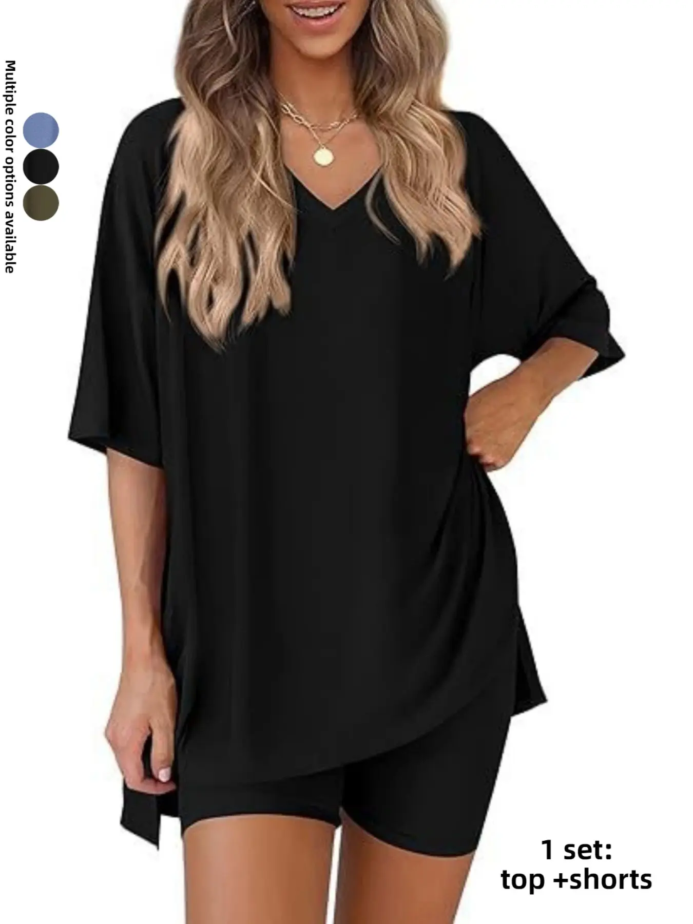 Women's Comfortable Fashion Set, V-Neck Loose Fit T-Shirt Top and Elastic Waist Shorts, Casual Home Wear, Outerwear