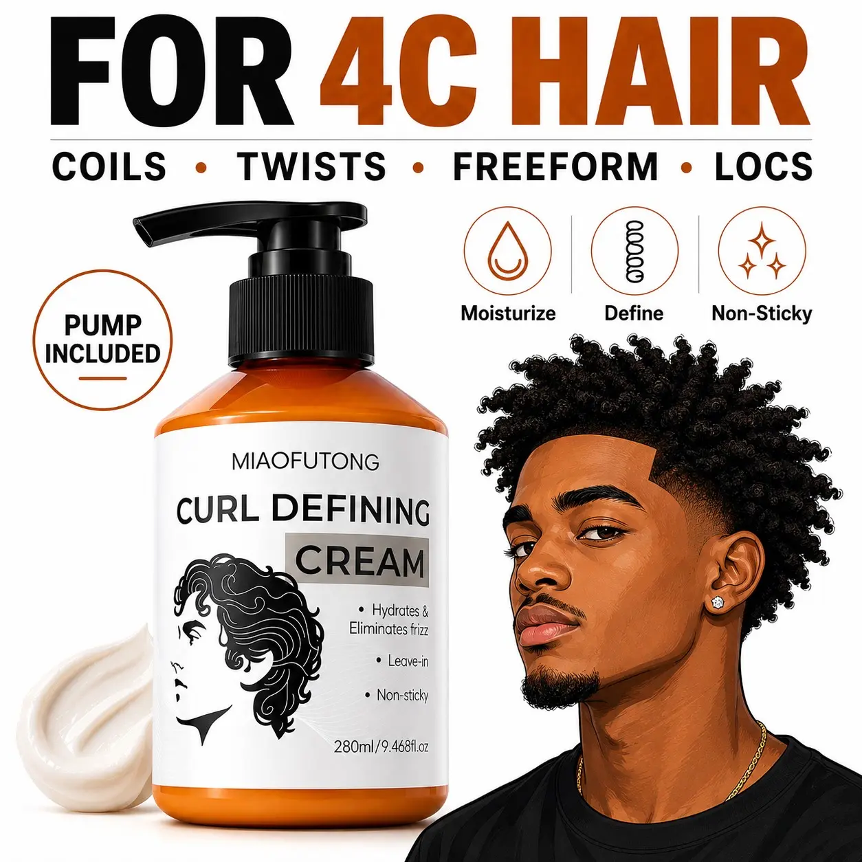 Curl Defining Cream for 4C Hair, Leave-In Styling Cream for Coils, Twists & Freeform Locs, Pump Included, 280 ml / 9.46 fl oz